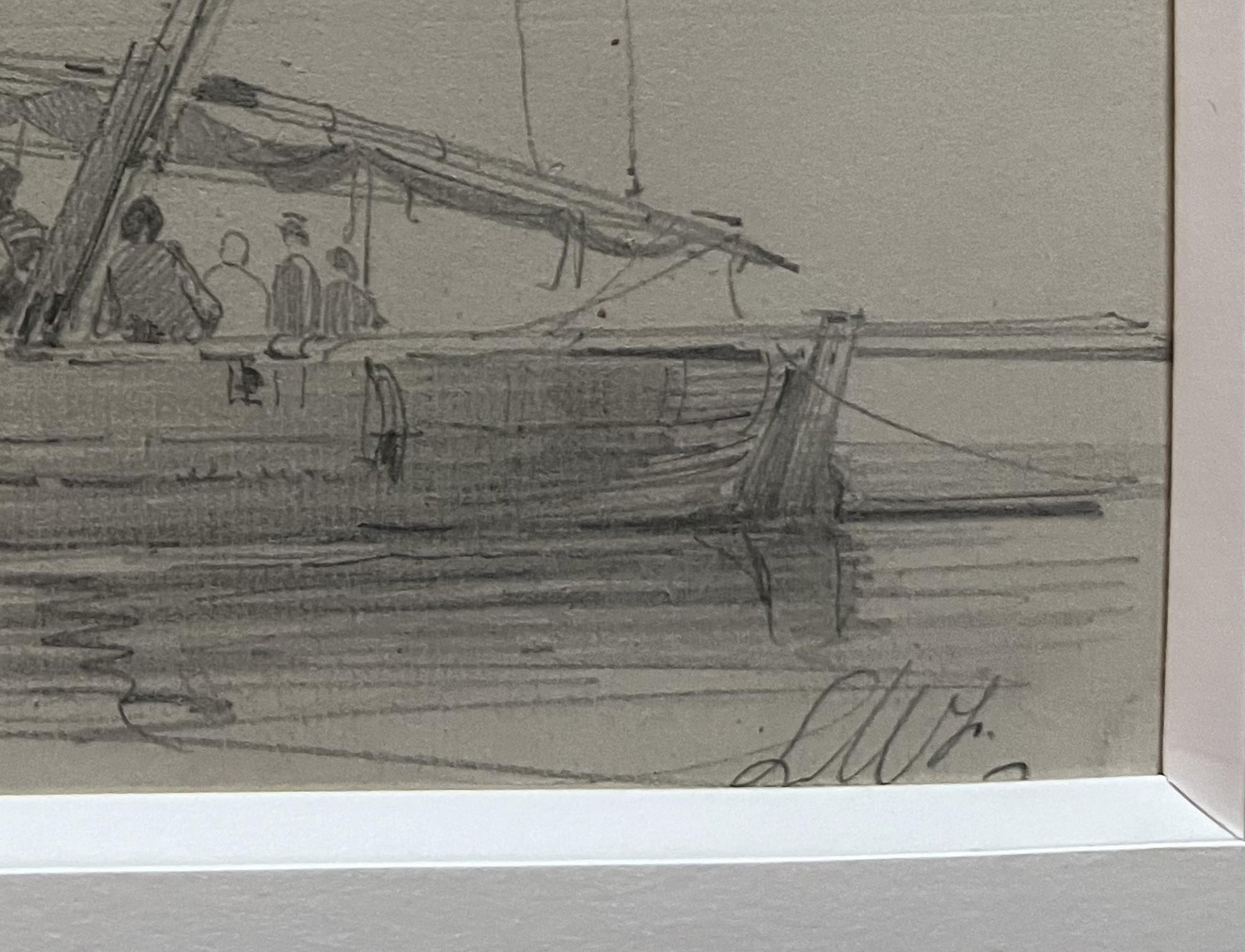 French school 19th century, Animation around a sailing boat drawing signed For Sale 4