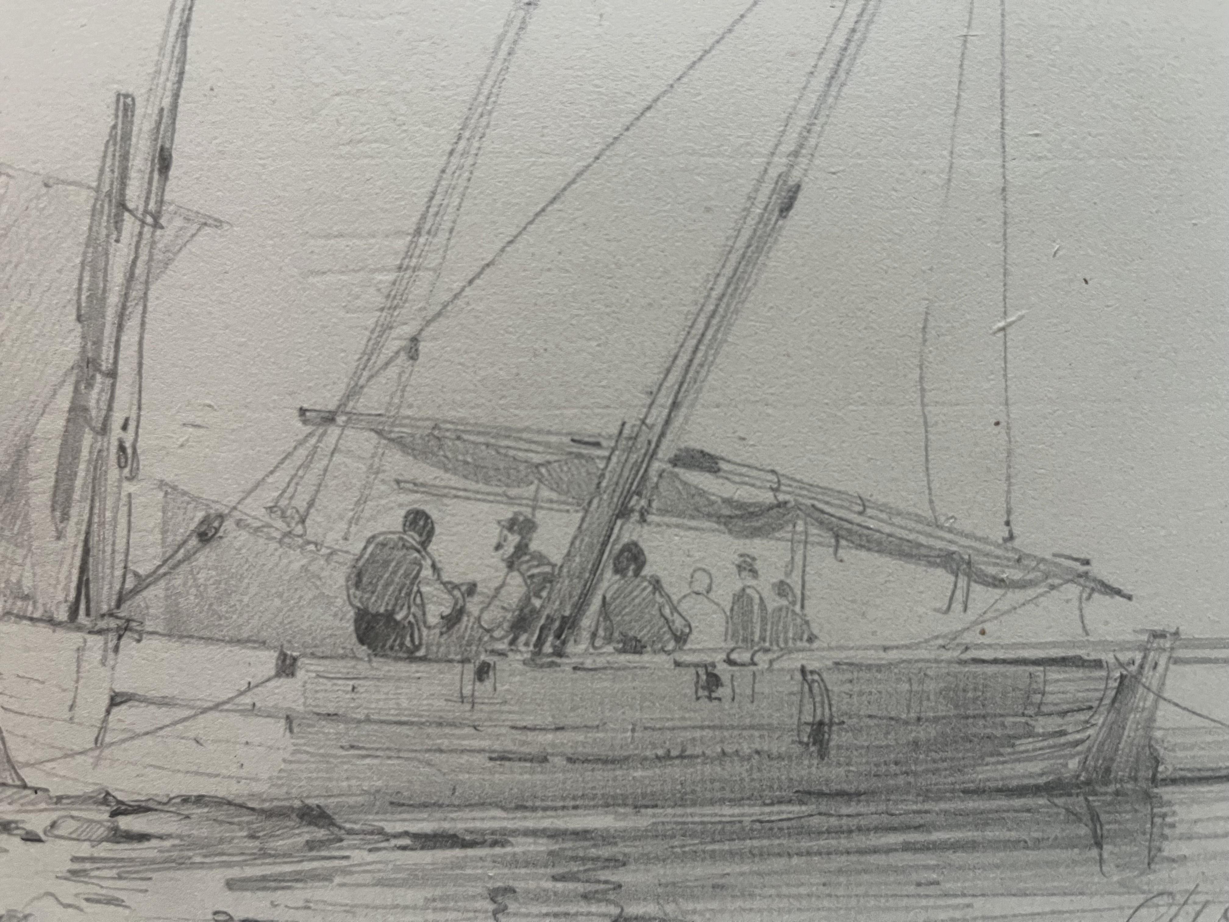 French school 19th century, Animation around a sailing boat drawing signed For Sale 3