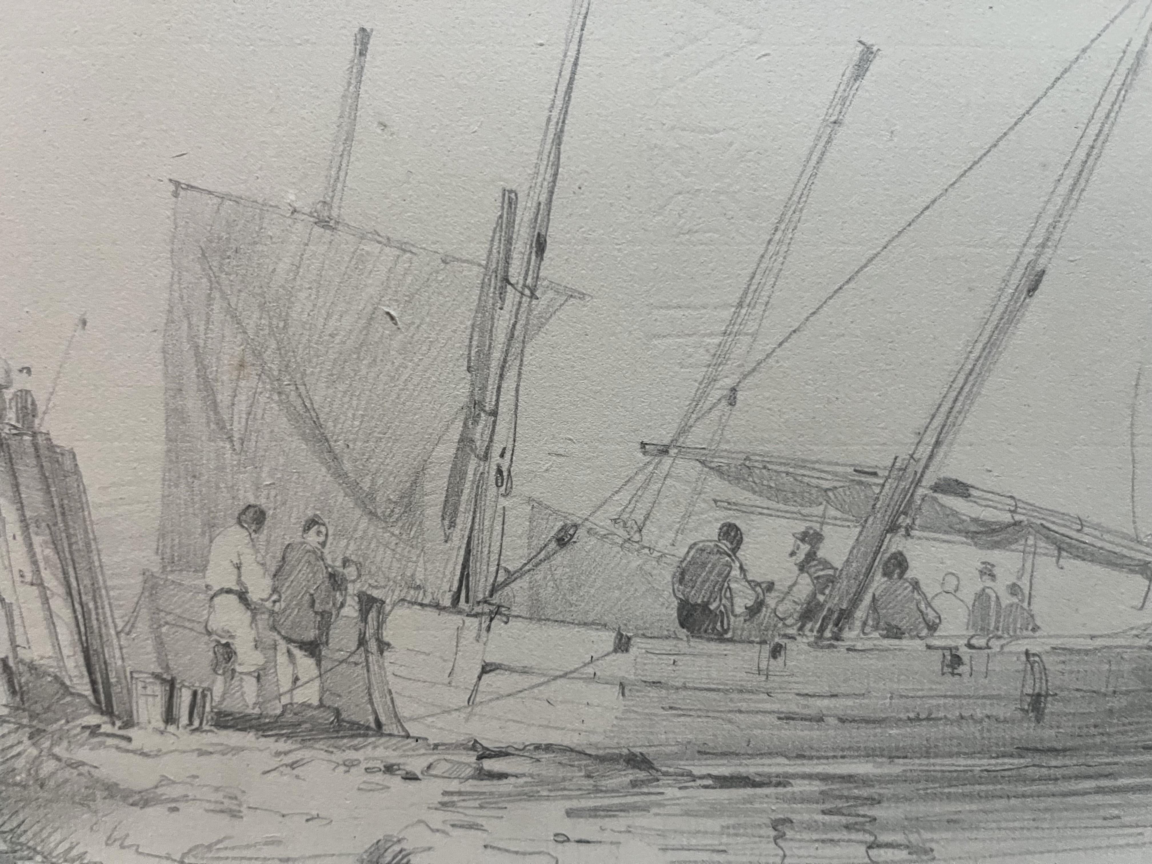 French school 19th century, Animation around a sailing boat drawing signed For Sale 2