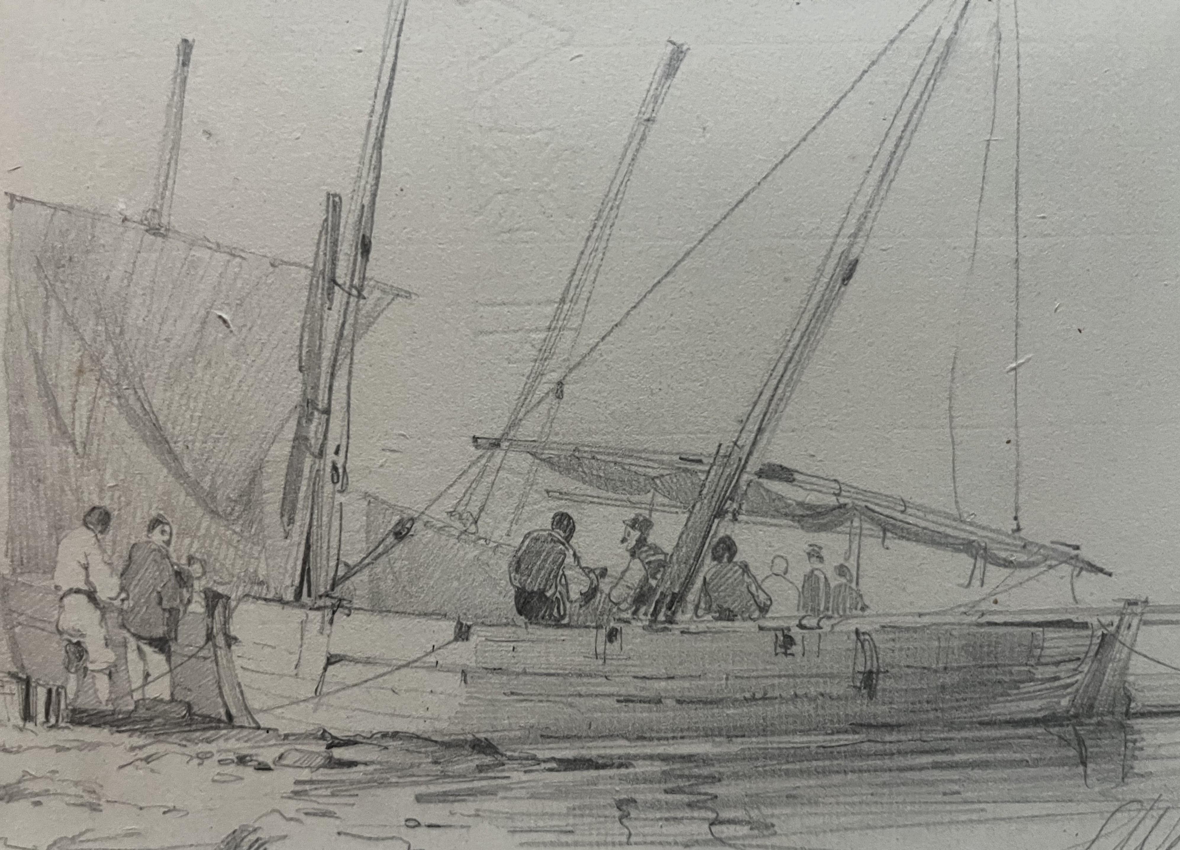 French school 19th century, Animation around a sailing boat drawing signed For Sale 5
