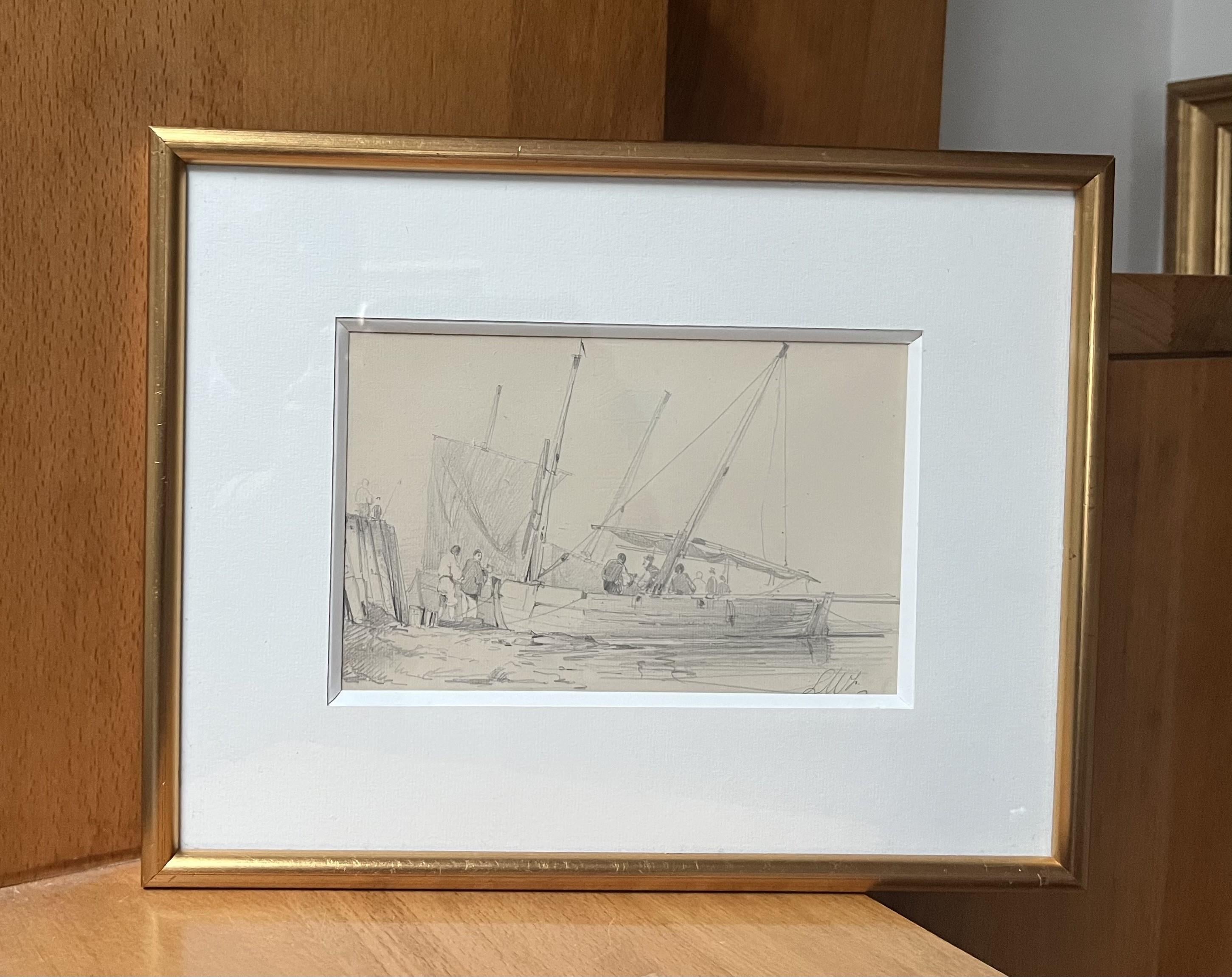 French school 19th century, Animation around a sailing boat drawing signed For Sale 1
