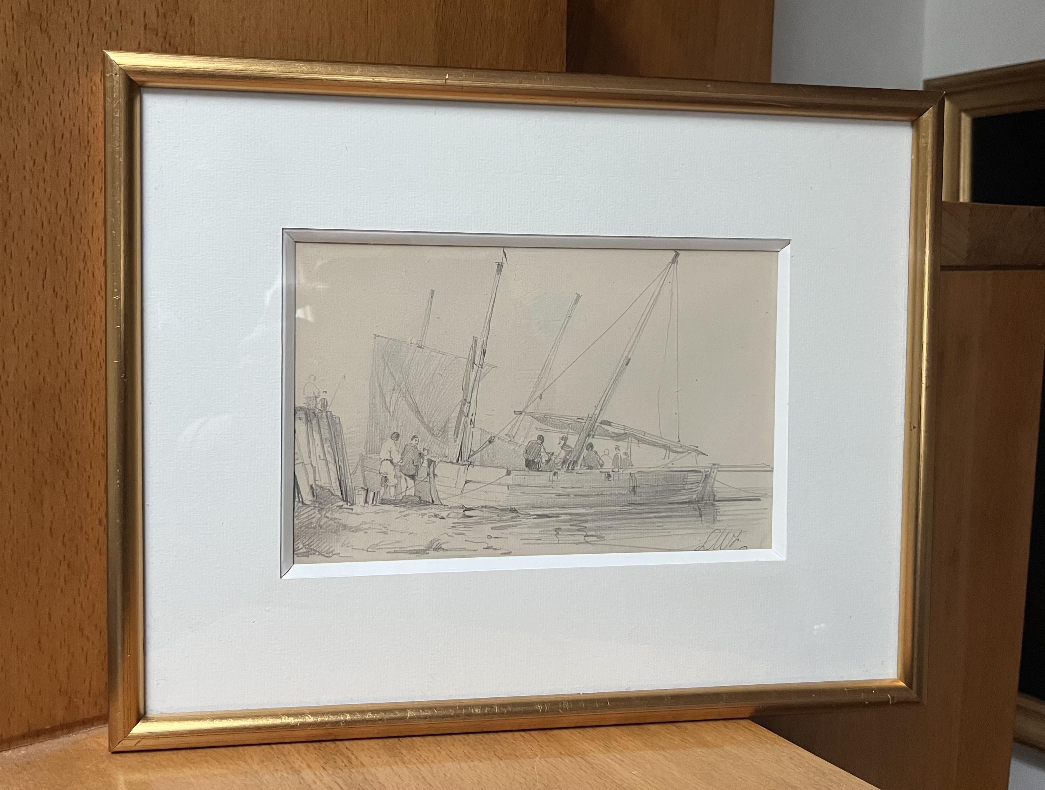 French school 19th century, Animation around a sailing boat drawing signed For Sale 7