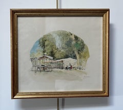 Charles Jouas (1866-1942) Setting up the tents, signed watercolor