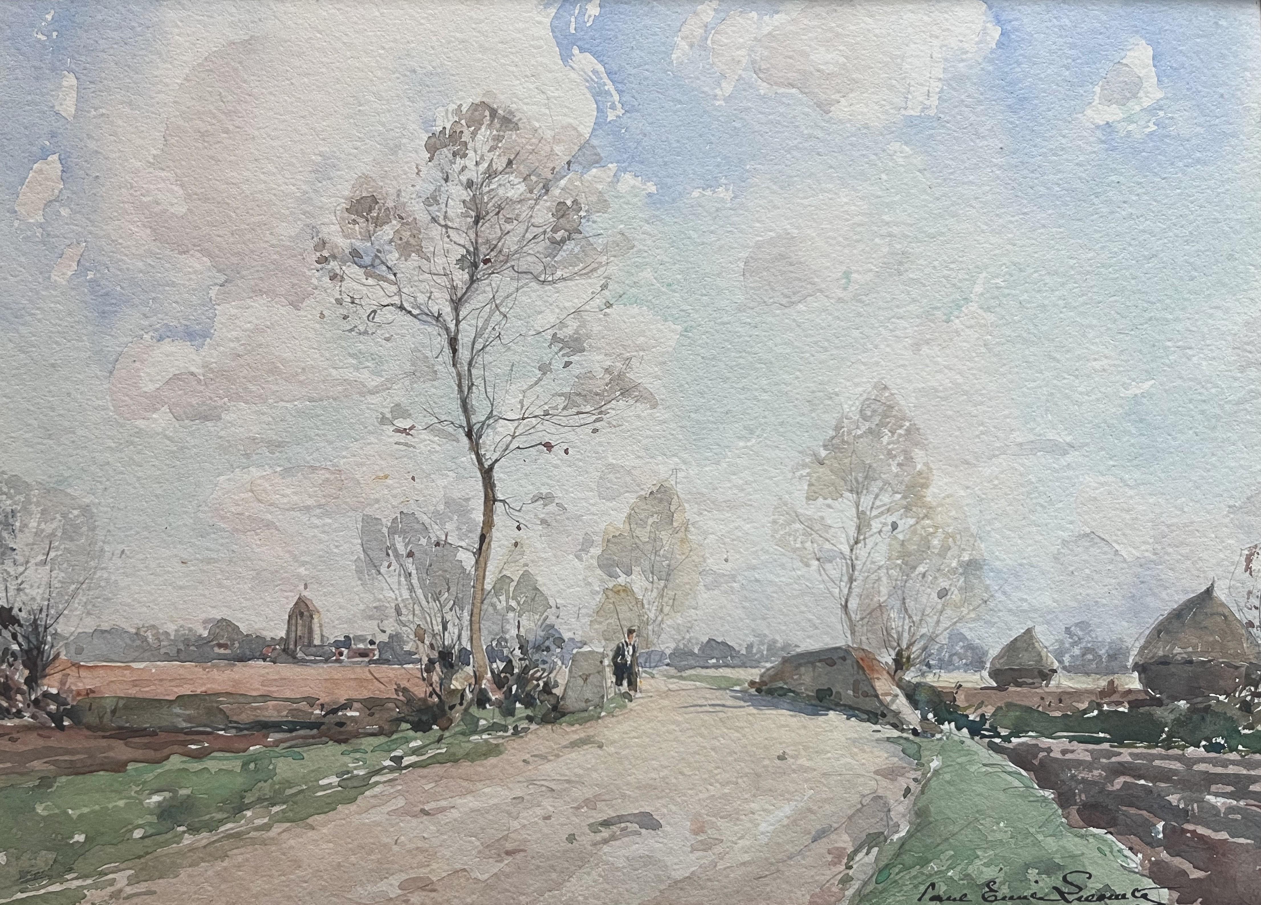 Paul Emile Lecomte (1877-1950) Un promeneur sur une route de campagne, aquarelle signée.