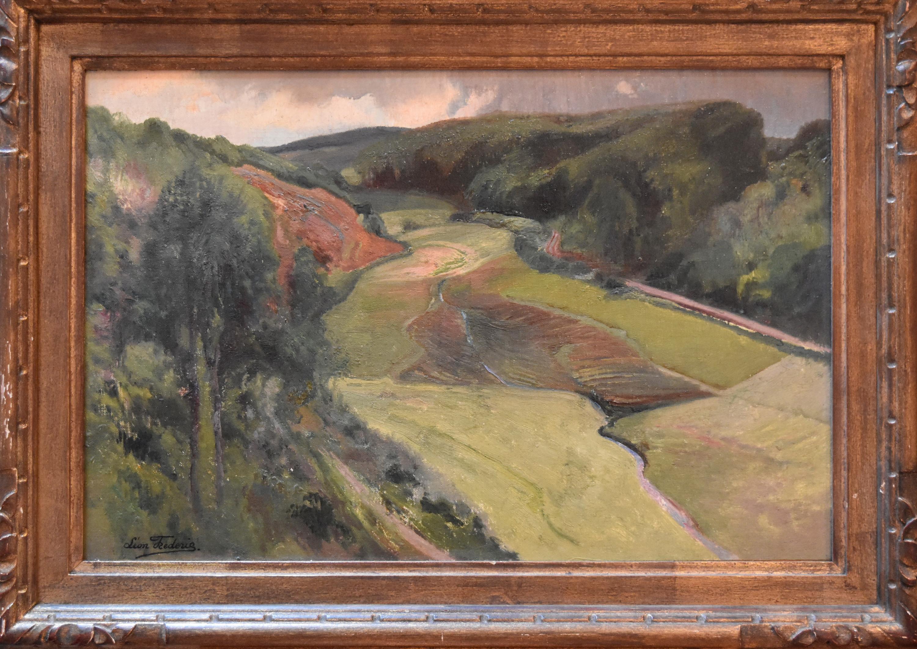 Léon Frédéric (1856-1940)
Vallée de Nafraiture
Signed on the lower left
Oil on panel
30 x 44.5 cm
Original Frame  :40 x 55 cm
 
Léon Frédéric  was a Belgian Symbolist painter. 
In 1883, he moved to Nafraiture, in the Belgian Ardennes. He painted the