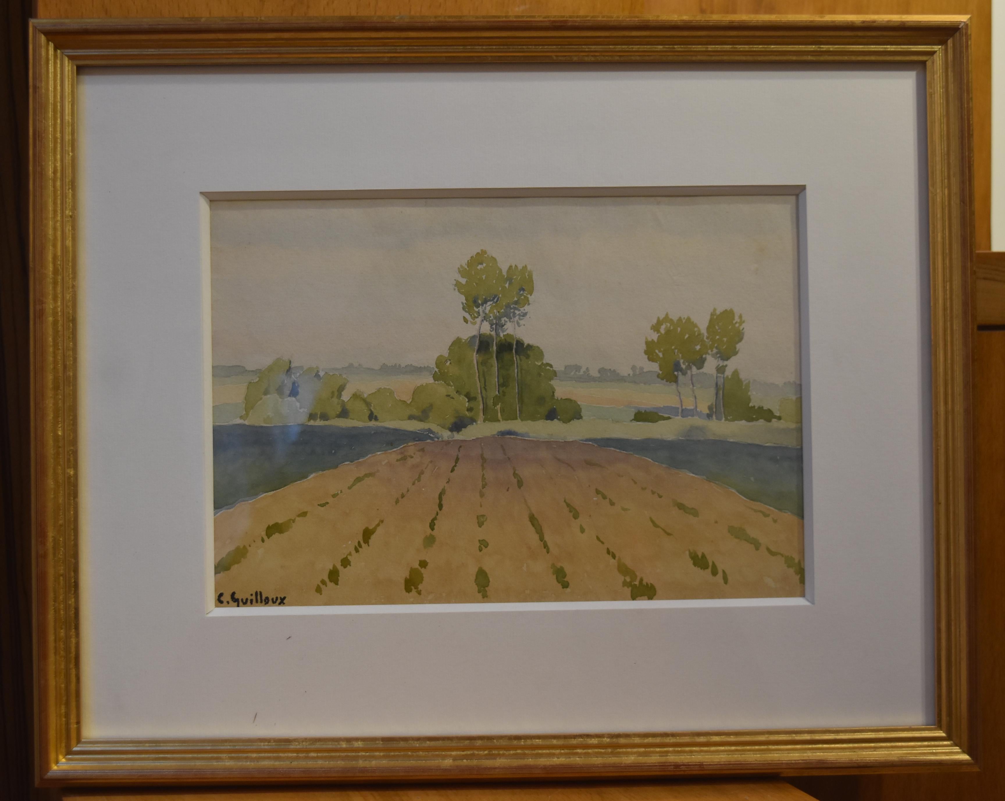 Charles-Victor Guilloux (1866-1946) 
Landscape with poplars 
Watercolor on paper 
19 x 27 cm 
Signature stamp on the bottom left 
Framed (Frame 33 x 41 cm) 
In good condition, some small foxings

Charles-Victor Guilloux (1866–1946) was a French