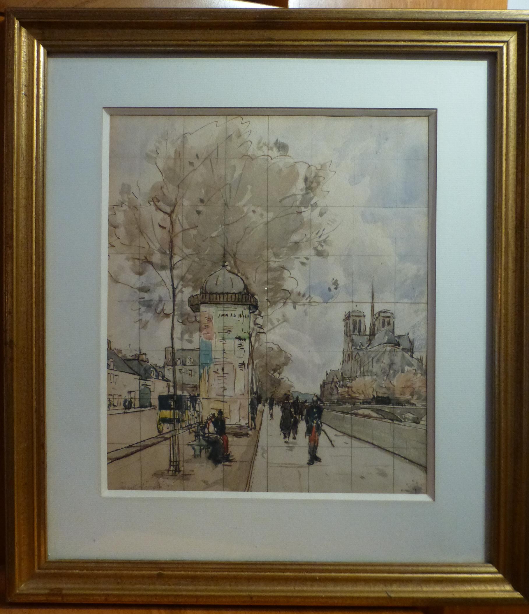 Paul Lecomte (1842-1920)
Paris, Notre Dame et les quais, an animated view
Watercolor on pencil, square lines
Signed lower left
28 x 24 cm
Framed  42 x 37.5 cm

A large view of the parisian 