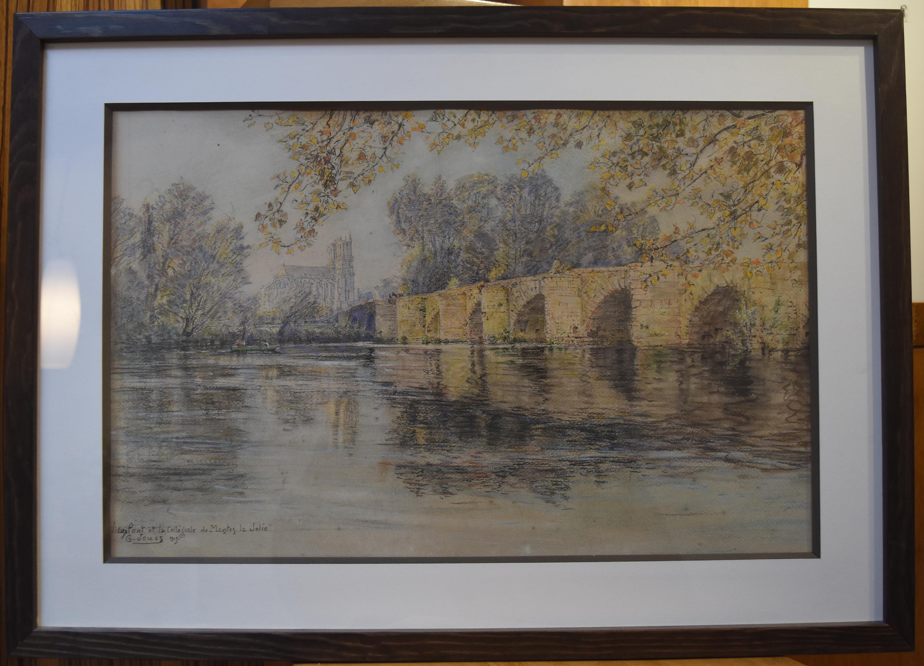 Charles Jouas (1866-1942) The Old Bridge And The Collegiate Of Mantes, Pastel 1