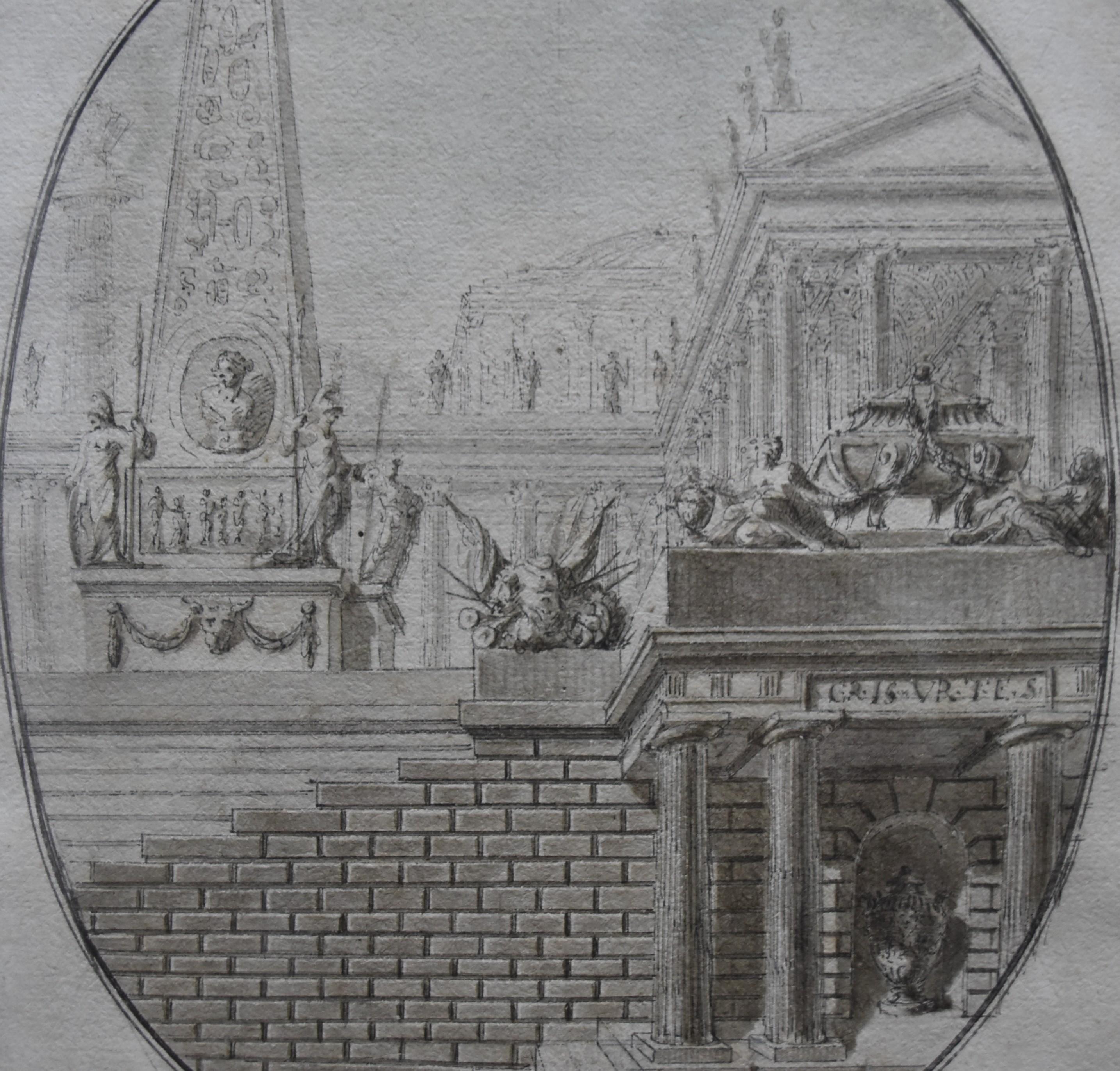 France 18th century,  Architectural Capriccio, original drawing - Gray Figurative Art by Unknown