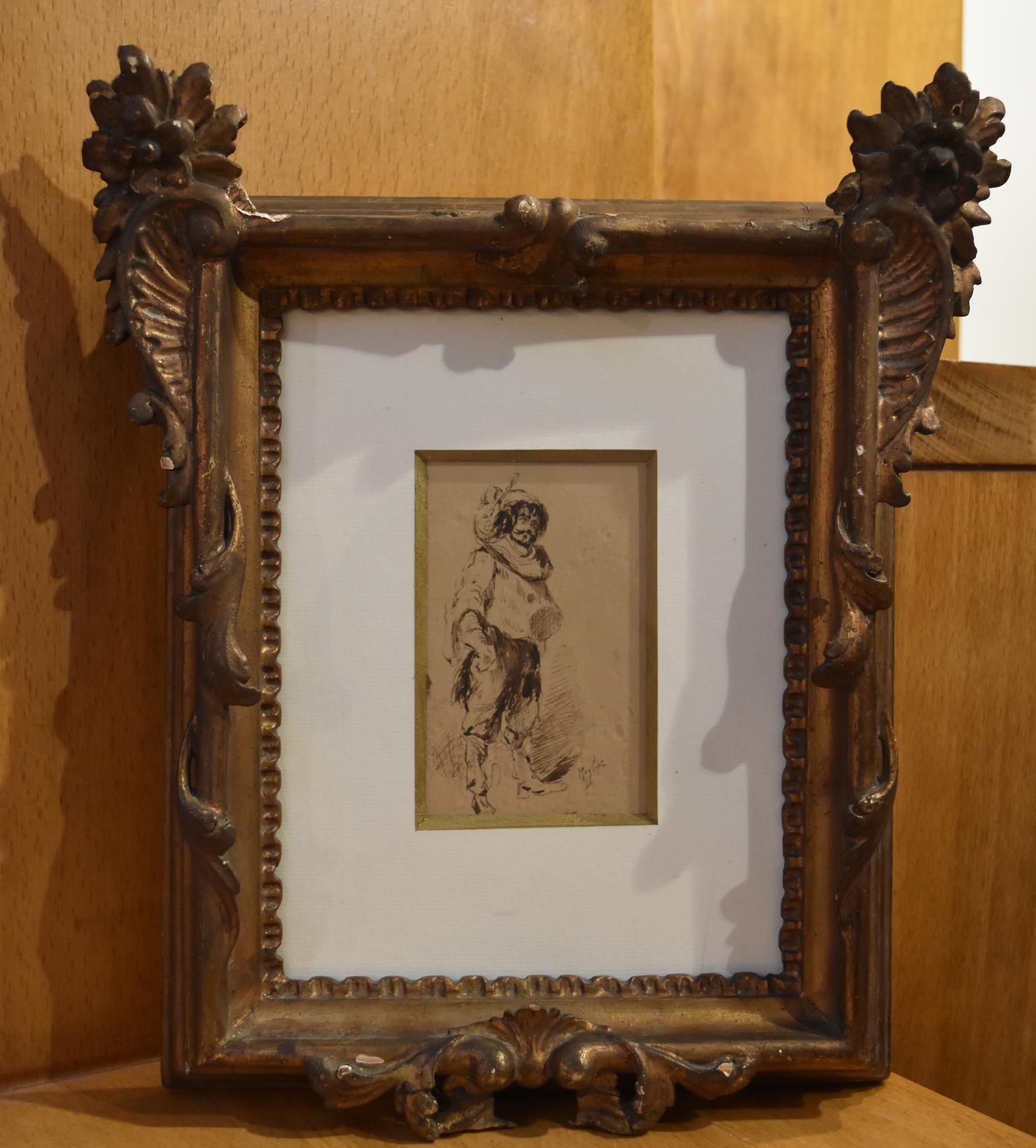 Ferdinand Roybet (1840-1920) A Musketeer, study, Drawing in its original frame - Art by Ferdinand Victor Leon Roybet 