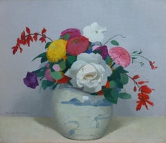  LV Guirand de Scevola  (1871-1950) Bouquet de fleurs dans un vase chinois, huile 