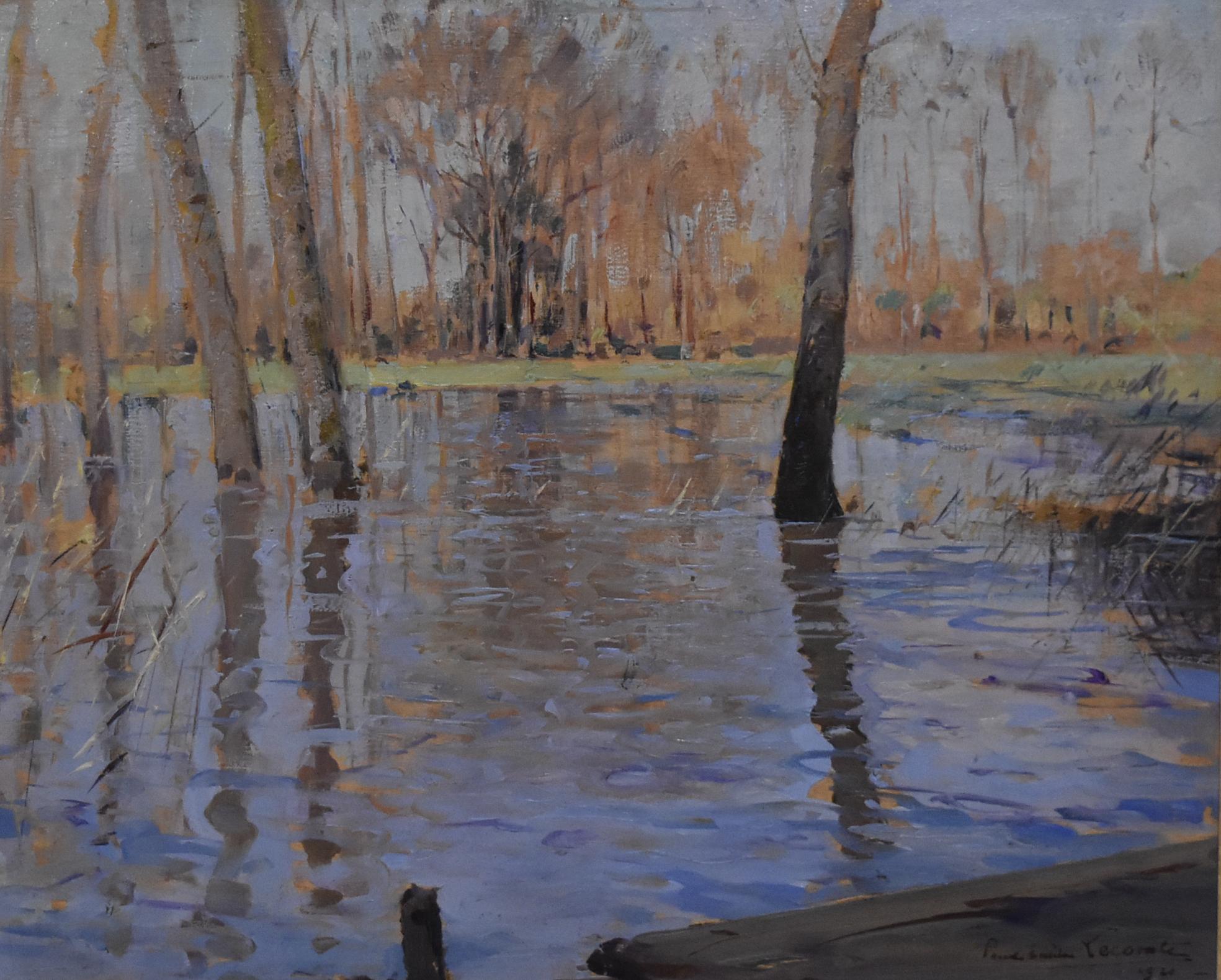 Paul Emile Lecomte (1877-1950)
Les Inondations (Floodings in the countryside)
Signed and dated lower right
Oil on board
31.5 x 38.5 cm 
Framed 51 x 58 cm
Paul Emile Lecomte (1877– 1950). Painter of watercolors and oil paintings, etcher, and