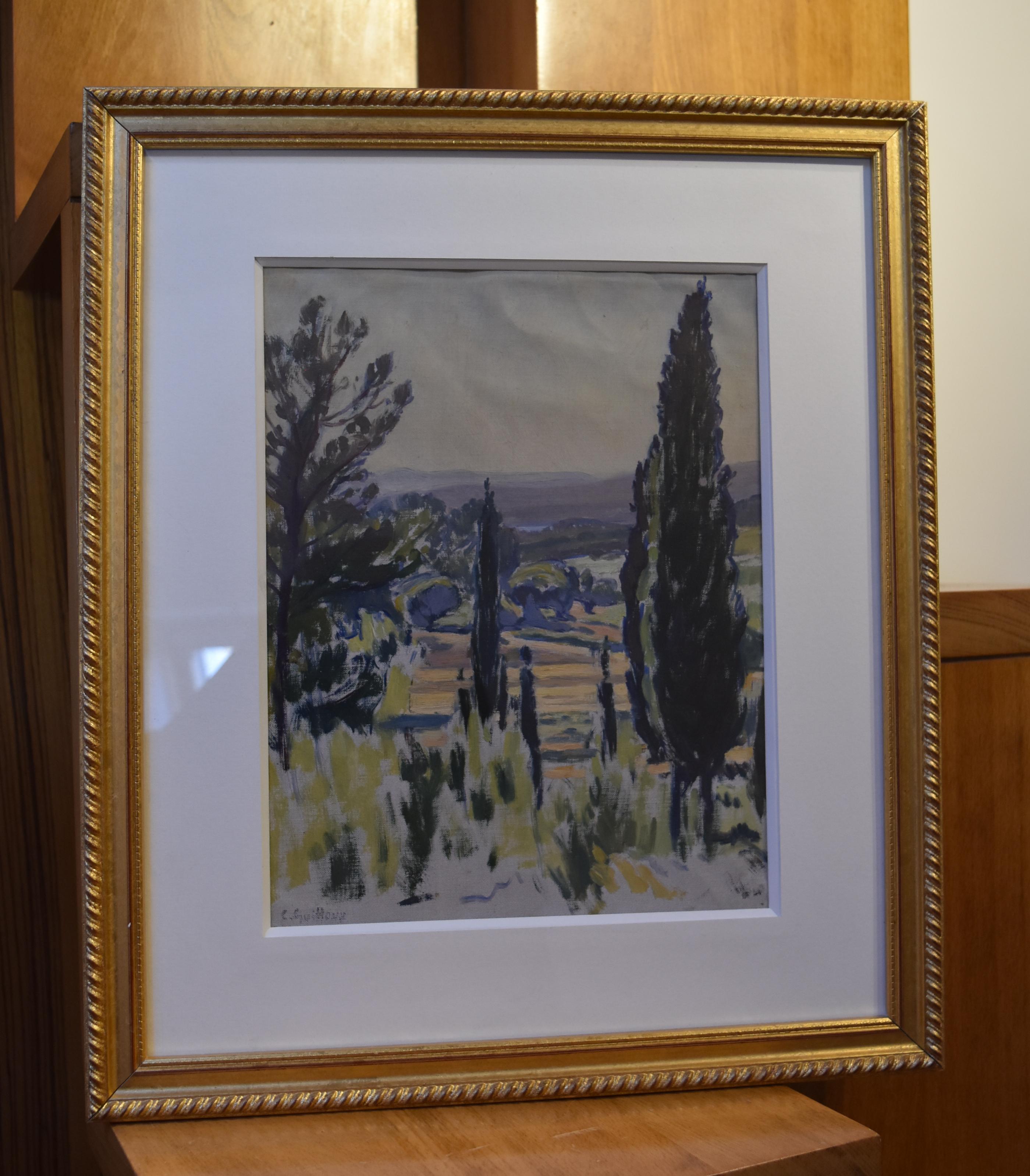 Charles-Victor Guilloux (1866-1946) 
Paysage en Provence
Huile sur toile (Sans châssis)
31 x 23 cm 
Cachet de la signature en bas à gauche (légèrement effacé)
Encadré sous verre (Cadre 47 x 40 cm) 
En assez bon état, la toile est irrégulièrement