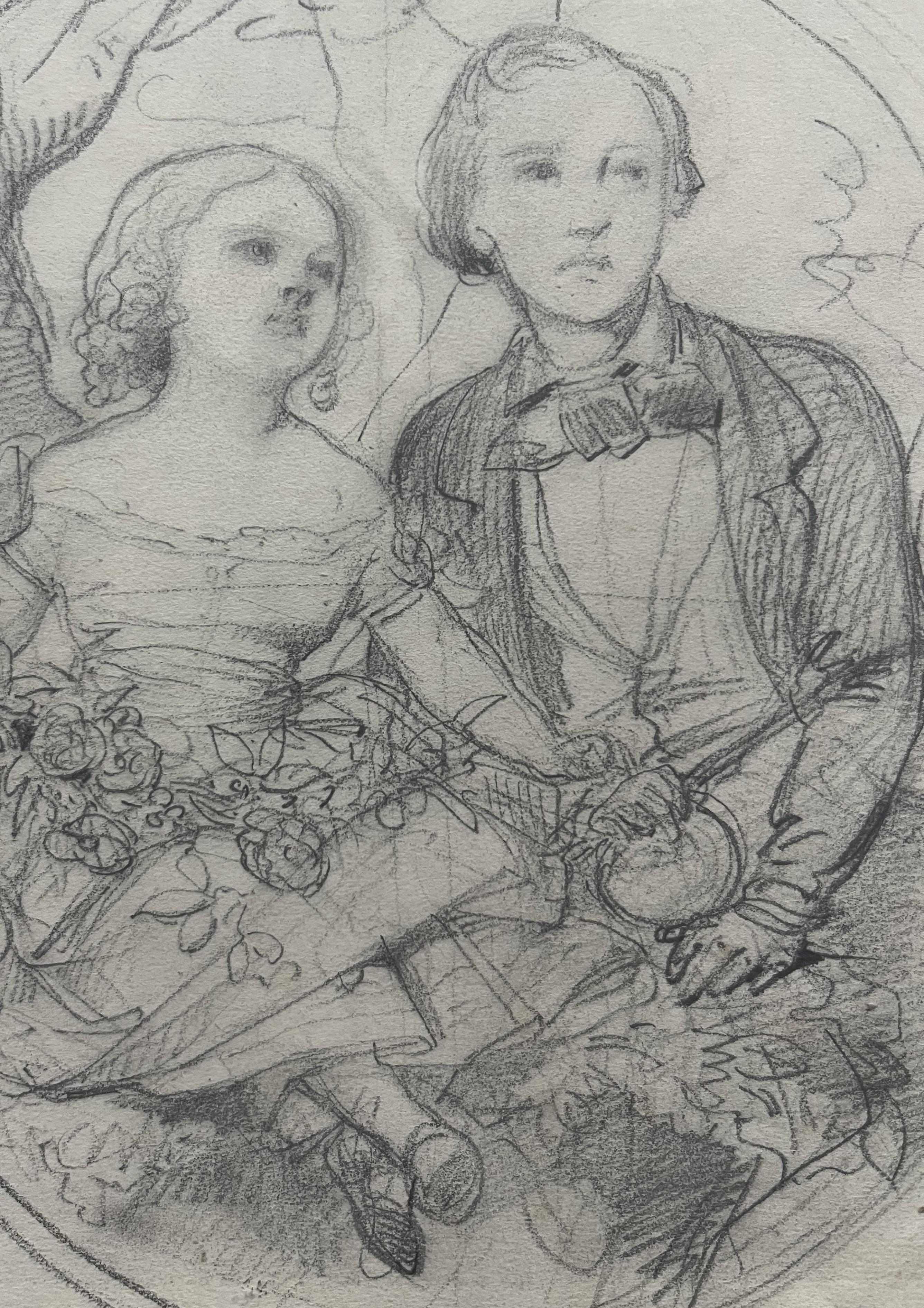 Eugène Devéria  (1805-1865) Two Children in a tondo, Drawing - Romantic Art by Eugene Deveria