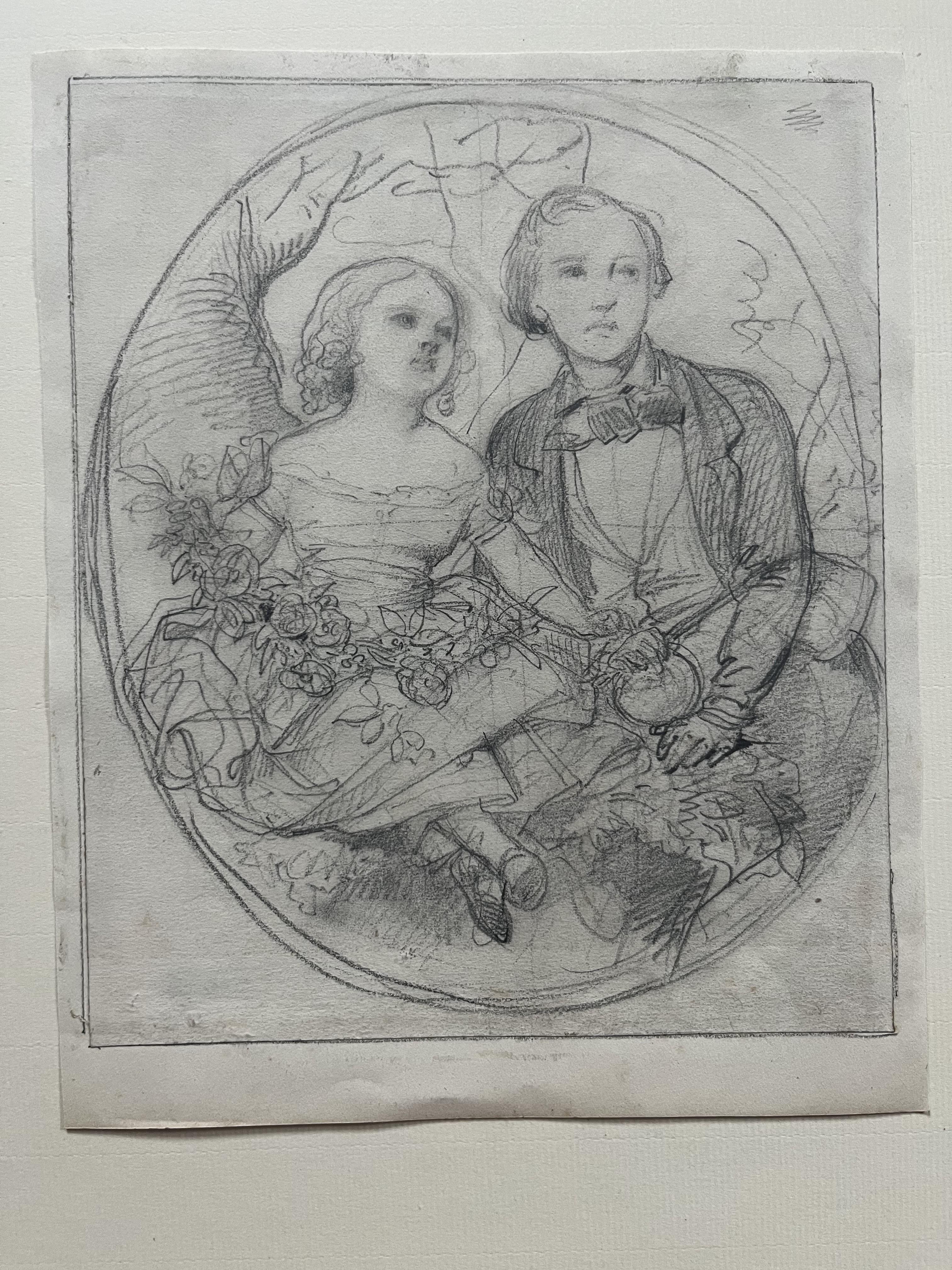Eugène Devéria  (1805-1865) Two Children in a tondo, Drawing - Gray Figurative Art by Eugene Deveria