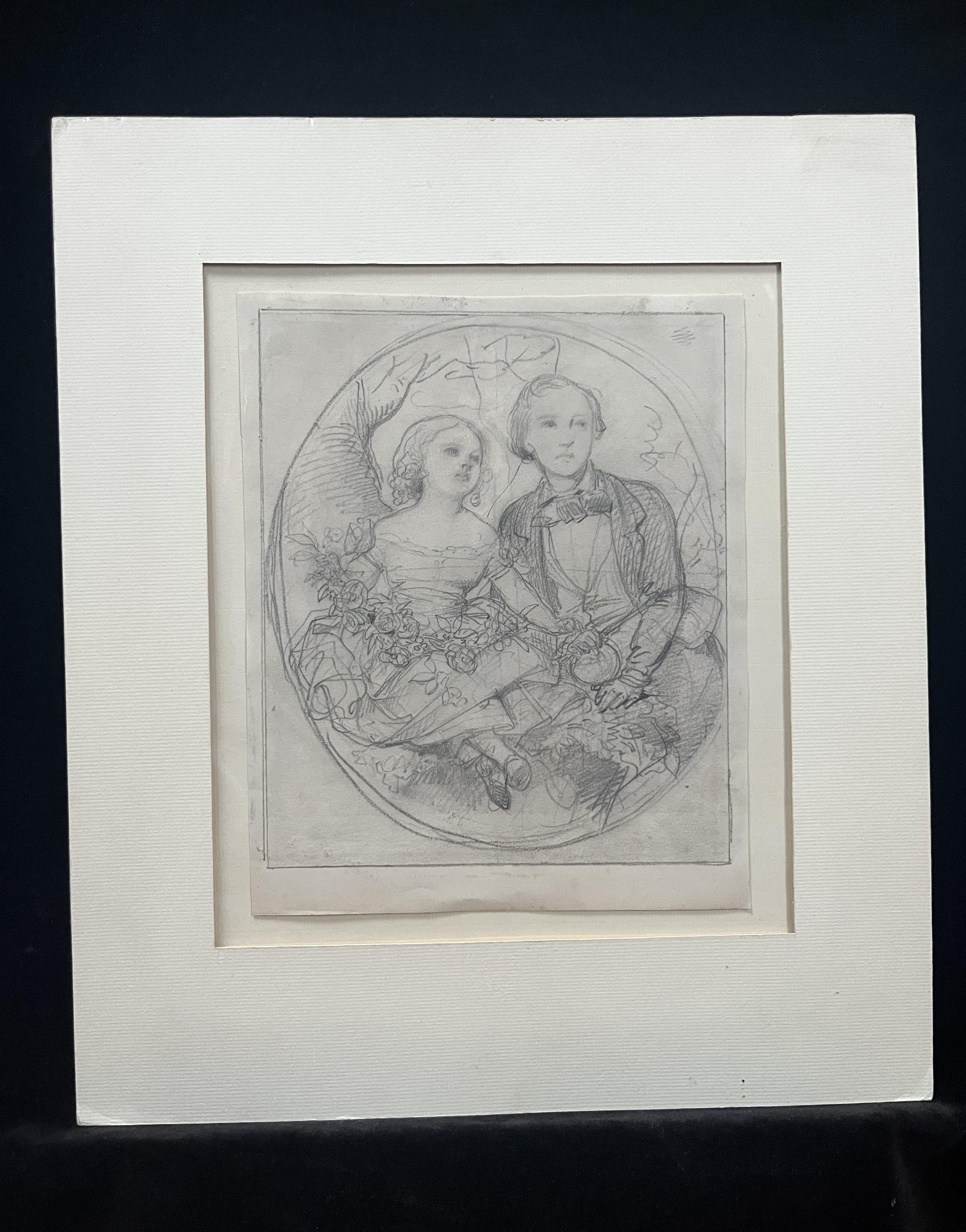 Eugène Devéria (1805-1865) 
Two Children in a tondo
Portrait in an oval, study for a portrait 
Black pencil on paper 
23 x 19 cm
Stamp of the workshop on verso 
Provenance: Family of the artist after an inscription on the back of the mount
Not