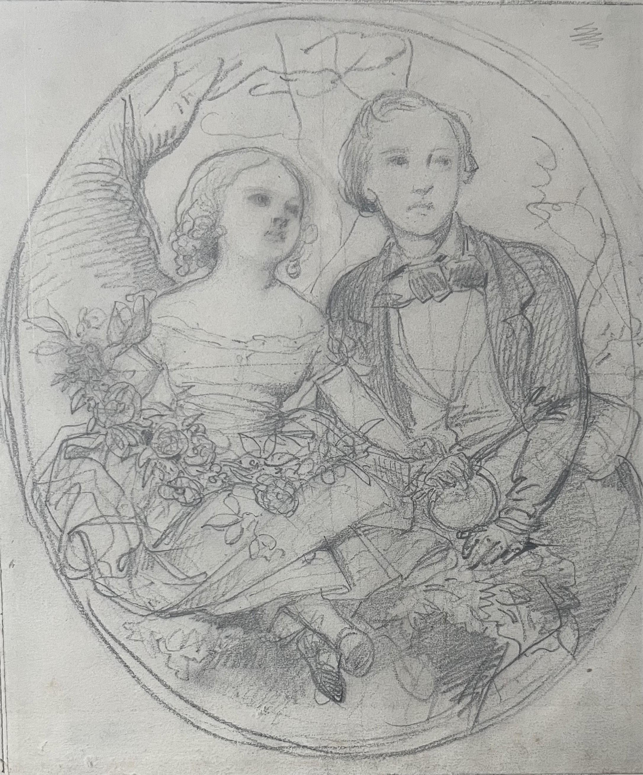 Eugene Deveria Figurative Art - Eugène Devéria  (1805-1865) Two Children in a tondo, Drawing