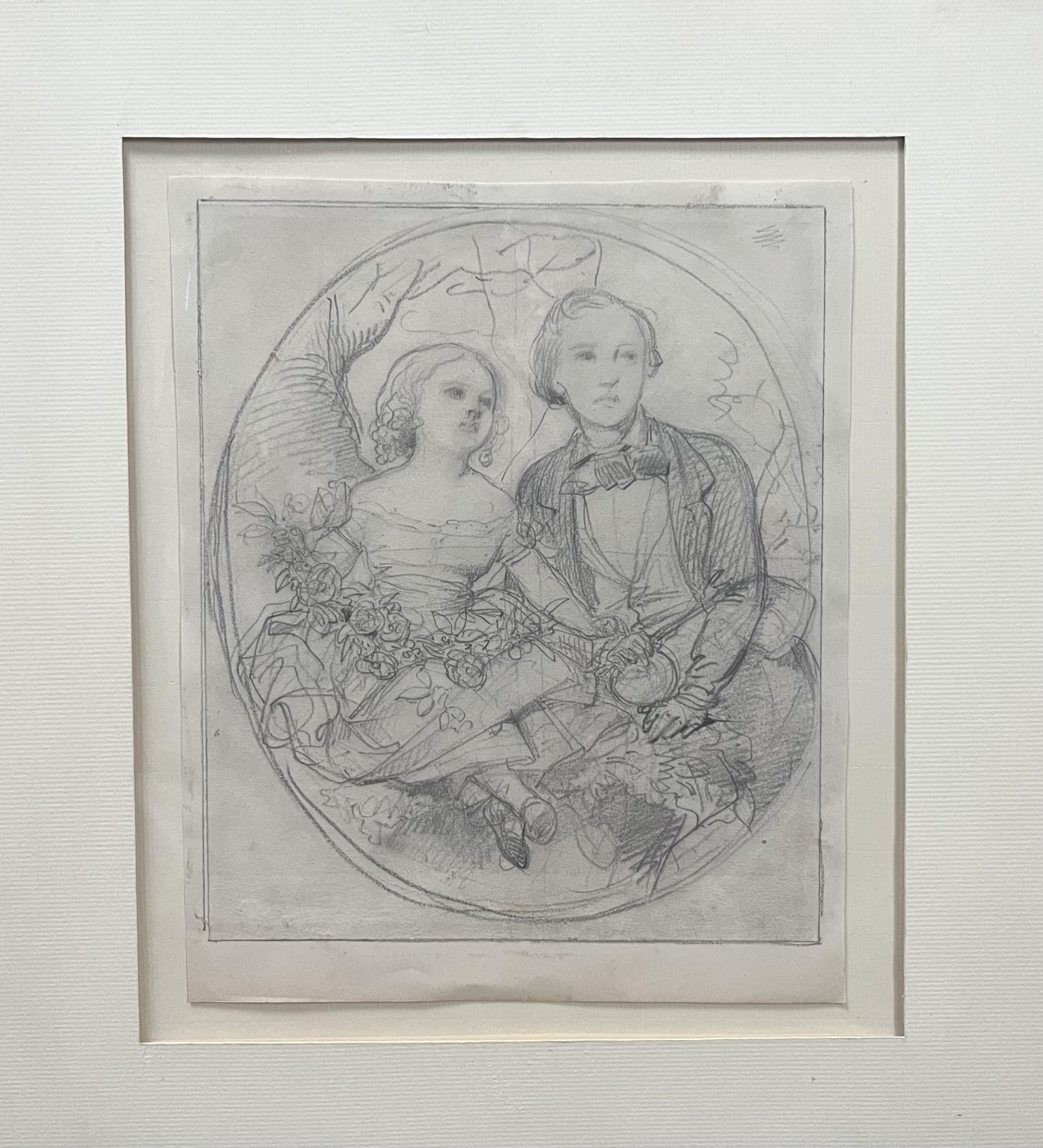 Eugène Devéria  (1805-1865) Two Children in a tondo, Drawing - Art by Eugene Deveria