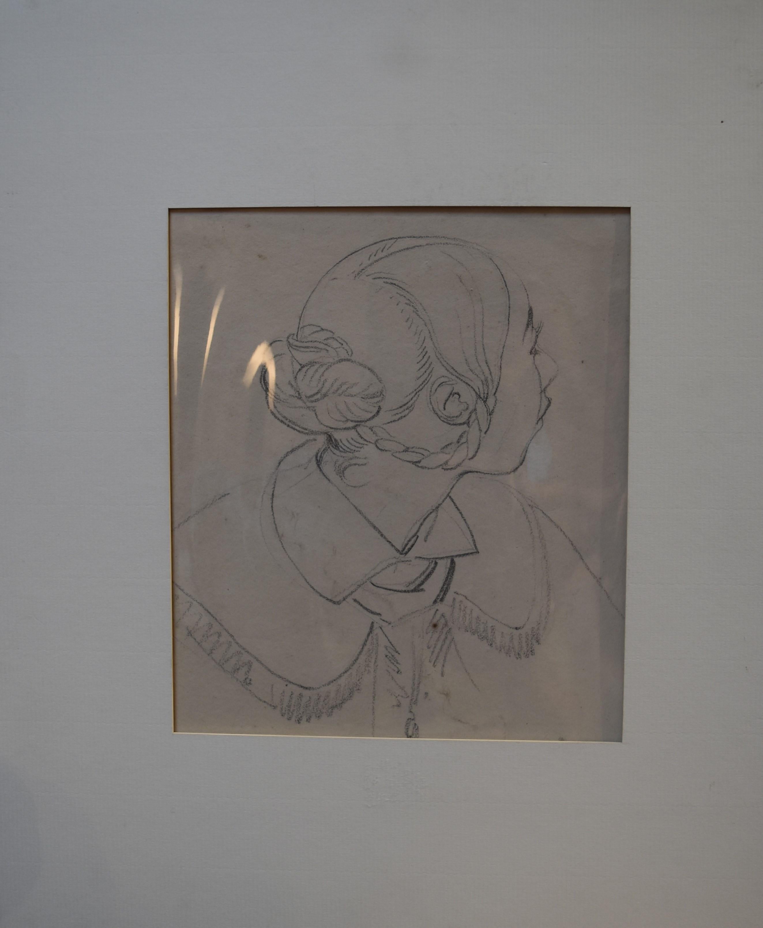 Eugène Devéria (1805-1865)  Profil de jeune femme  Dessin - Romantique Art par Eugene Deveria