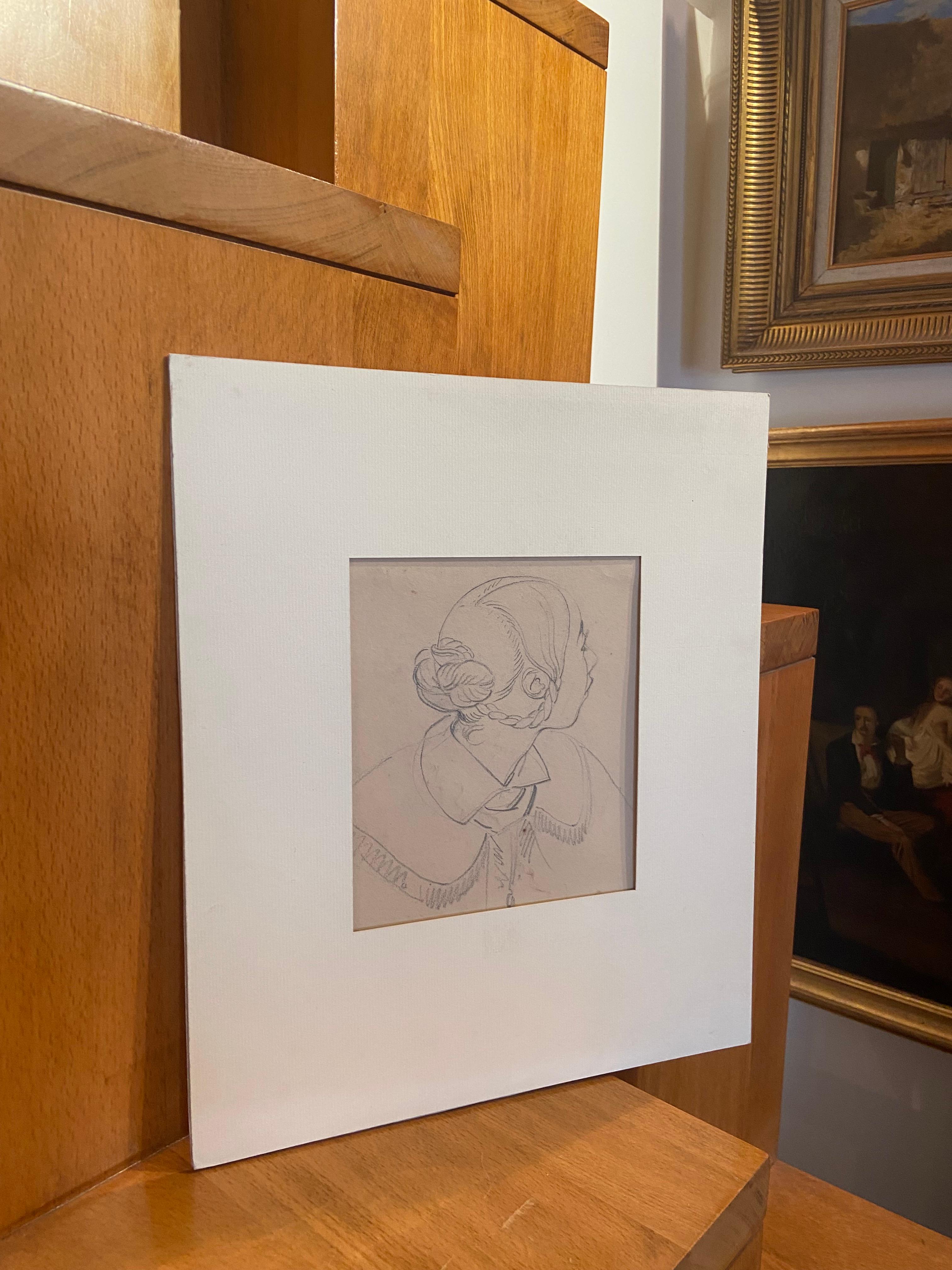 Eugène Devéria (1805-1865) 
Profil d'une jeune femme 
Crayon noir 
21 x 19 cm
Cachet de l'atelier au verso 
Provenance : Famille de l'artiste d'après une inscription au dos du support.
Non encadré
Dans une monture moderne 37 x 31 cm

 C'est un