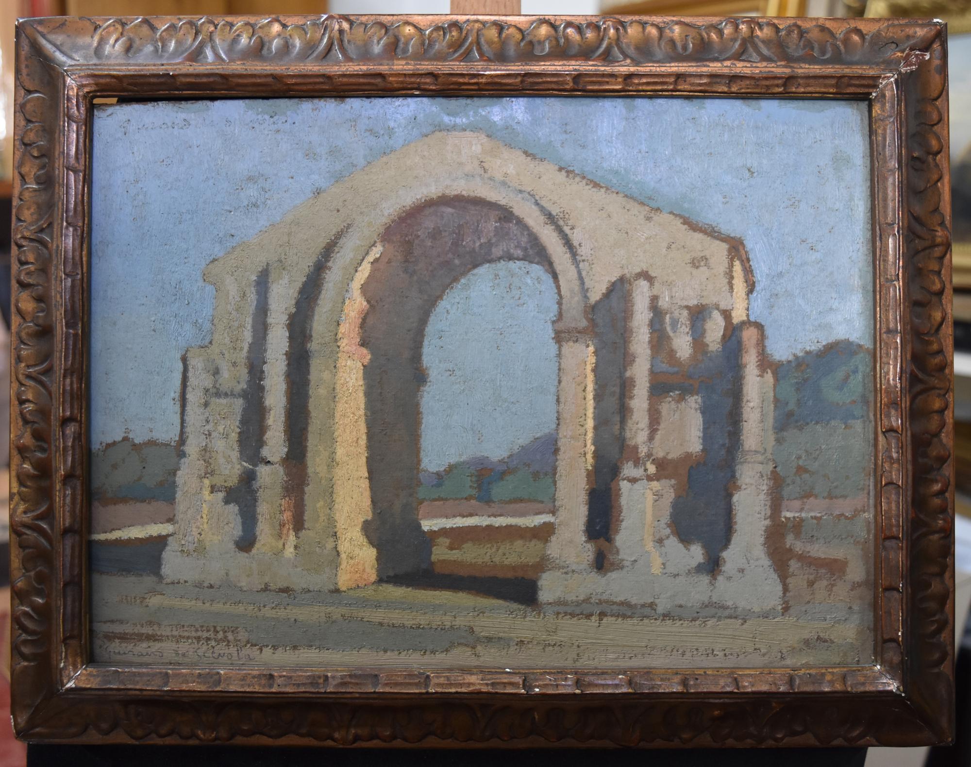L.V. Guirand de Scevola (1871-1950), Triumphal Arch at Glanum  , Oil on panel - Painting by Lucien-Victor Guirand de Scévola