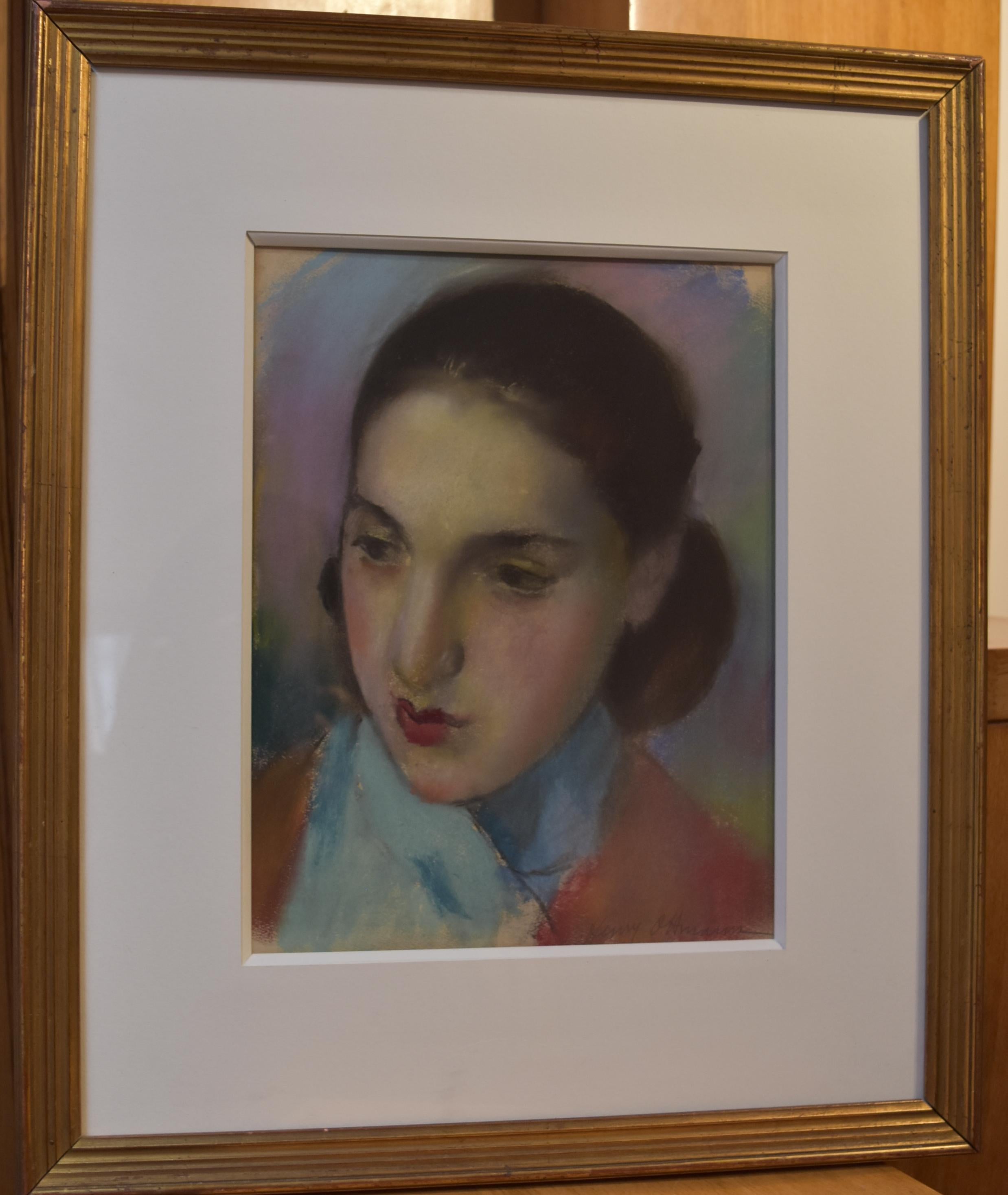 Henri Ottman (1877-1927) , A Young Girl in red and blue,  pastel - Art by Henri OTTMANN 