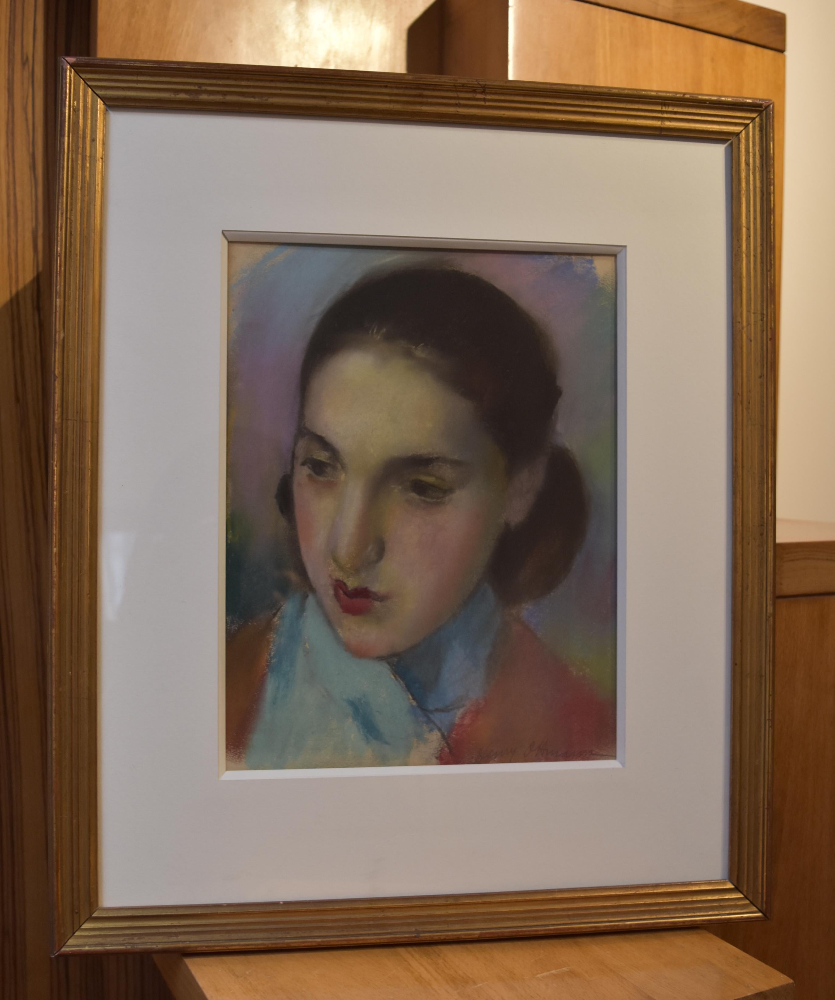 Henri Ottman (1877-1927) , A Young Girl in red and blue,  pastel - Gray Figurative Art by Henri OTTMANN 