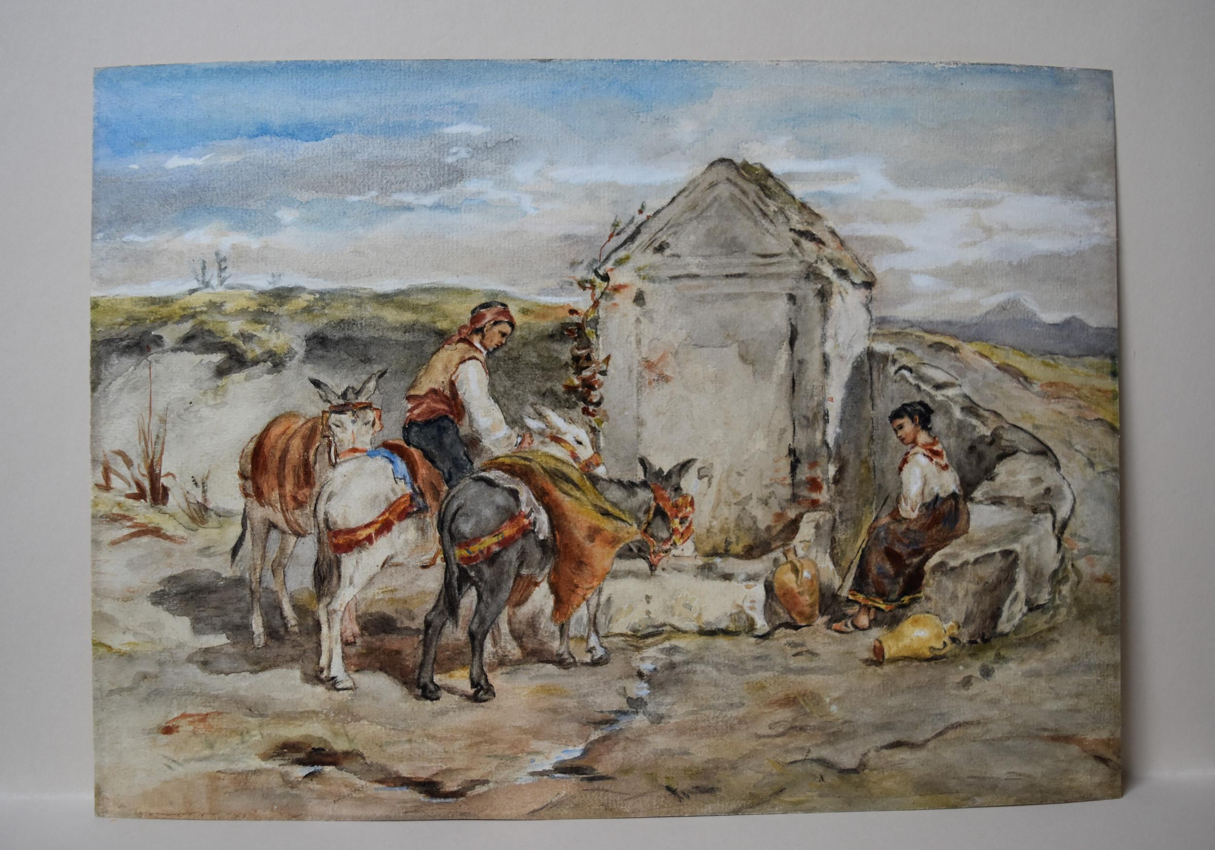 France 19ème siècle,  Paysans et ânes à la fontaine en Italie, aquarelle  - Art de Unknown