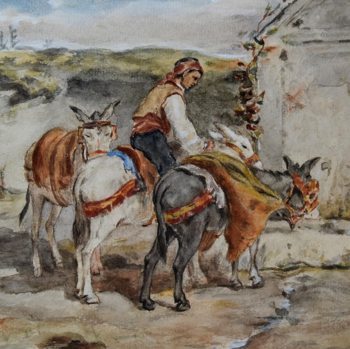 France 19ème siècle,  Paysans et ânes à la fontaine en Italie, aquarelle  - Gris Landscape Art par Unknown