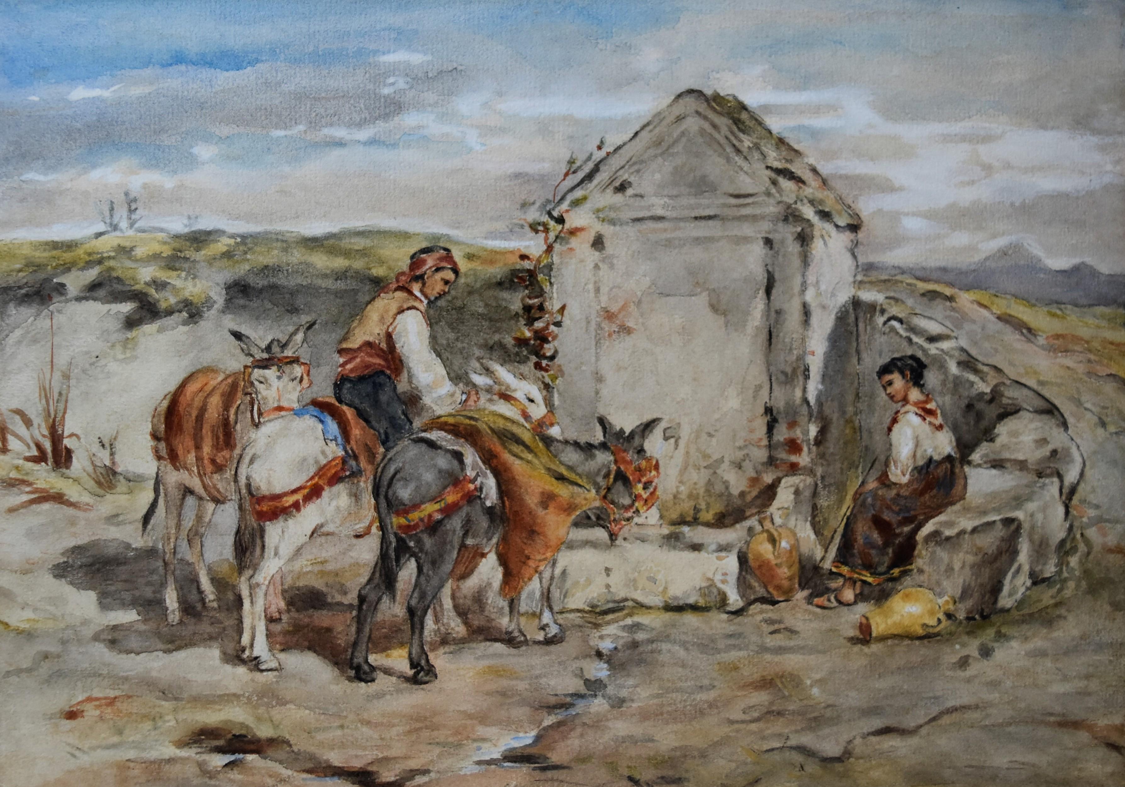 France 19th Century,  Peasants and donkeys at the fountain in Italy, watercolor