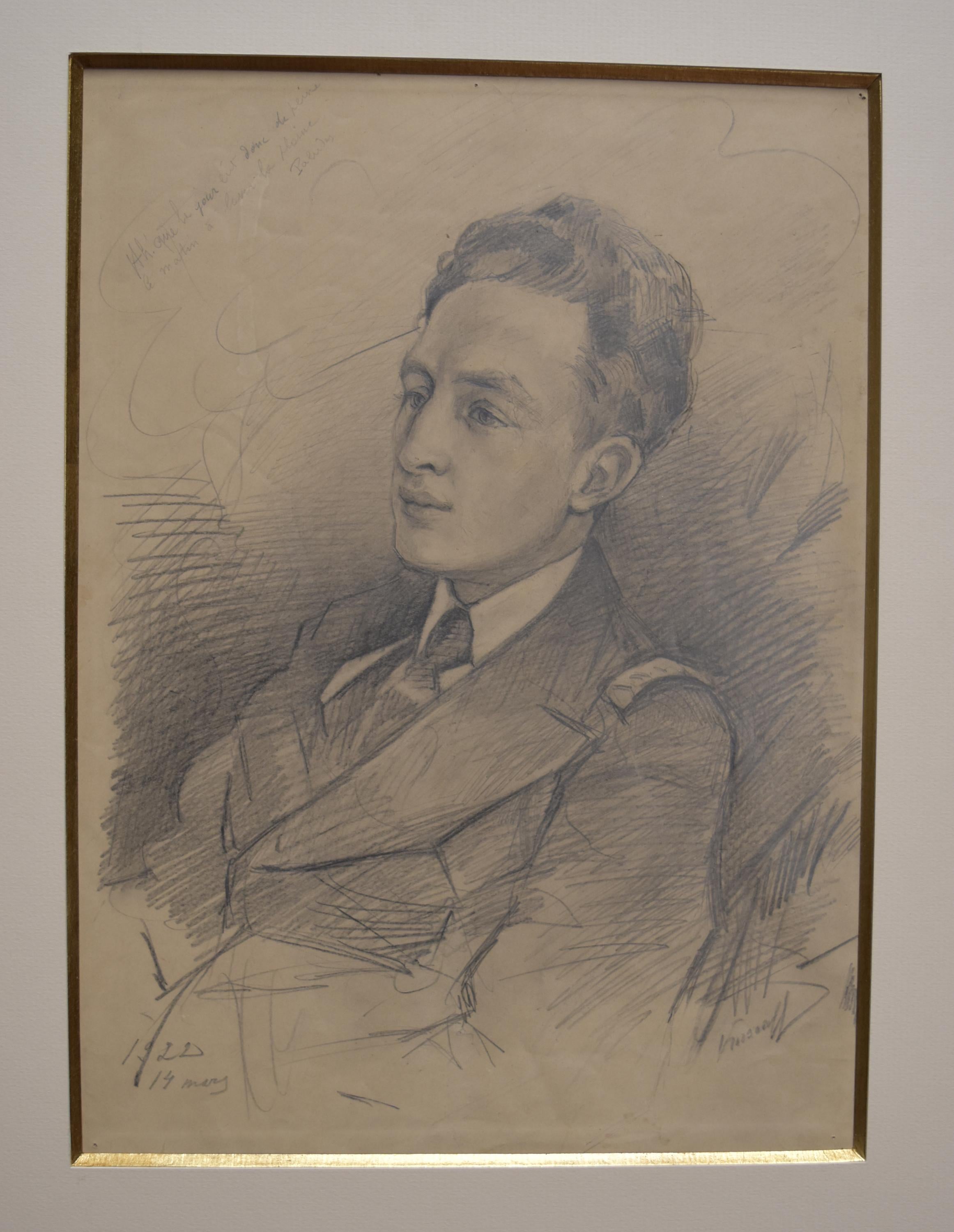 French School beginning of 20th Century
Portrait of a young man,  March 1922
Lead mine on paper (a piece of nautical chart, see photo of the reverse) 
Dated 