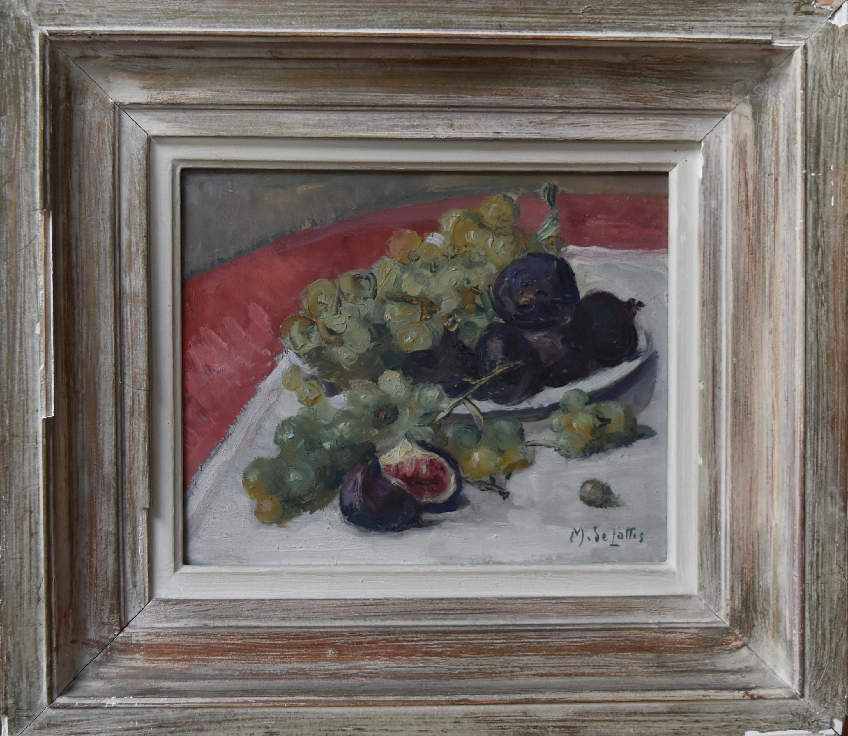 Marguerite de Lottis (Italian Artist active in the first half of the 20th century)
Still Life with red and white grapes and figs
Oil on wooden panel
Signed lower right
21 x 27 cm
framed 39 x 43 (the frame is damaged, but really charming)

Marguerite