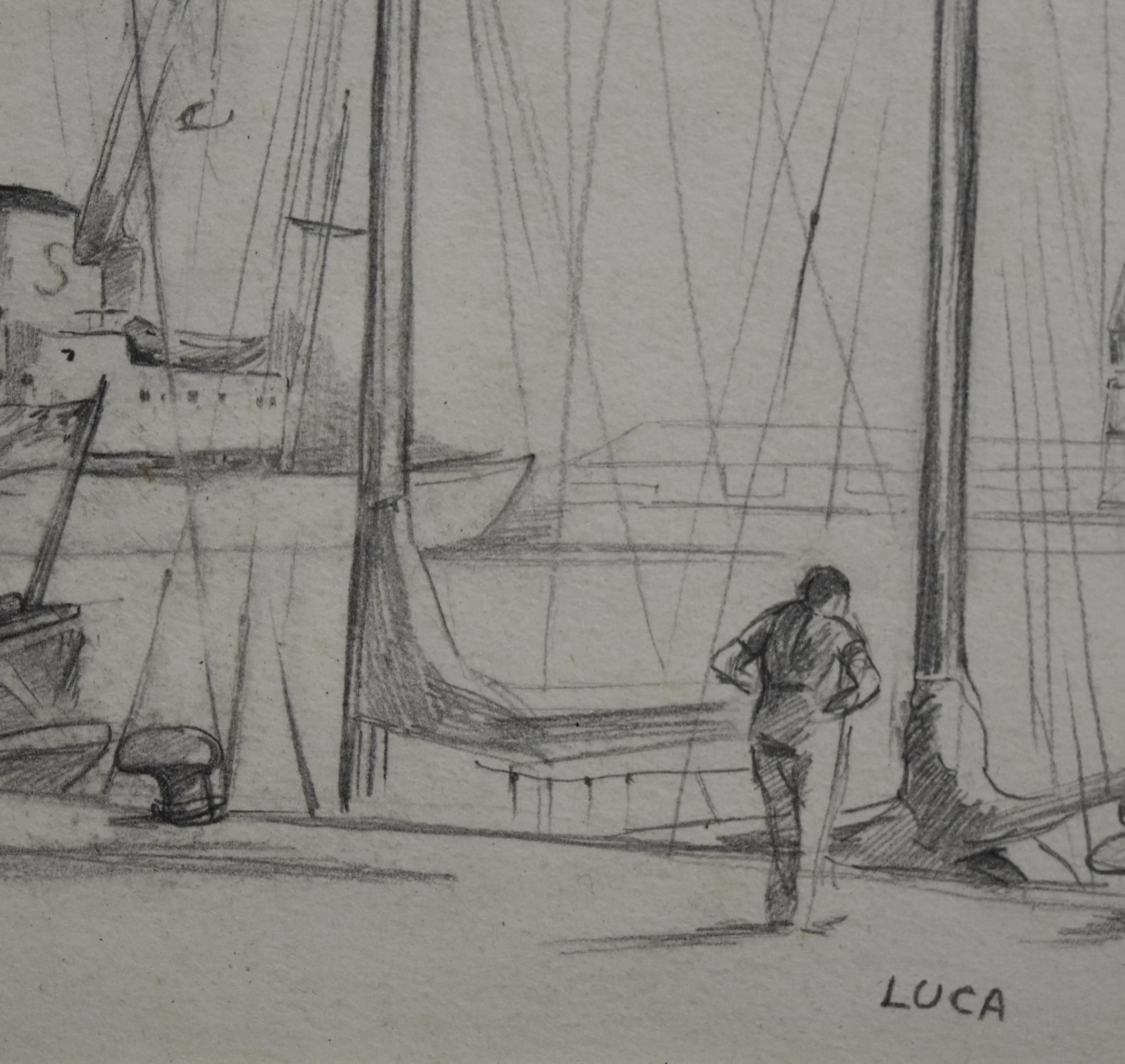 Pierre Lucas (1913 1978) « Mastings In Saint Malo », dessin de 1959 - Gris Landscape Art par Pierre Lucas  