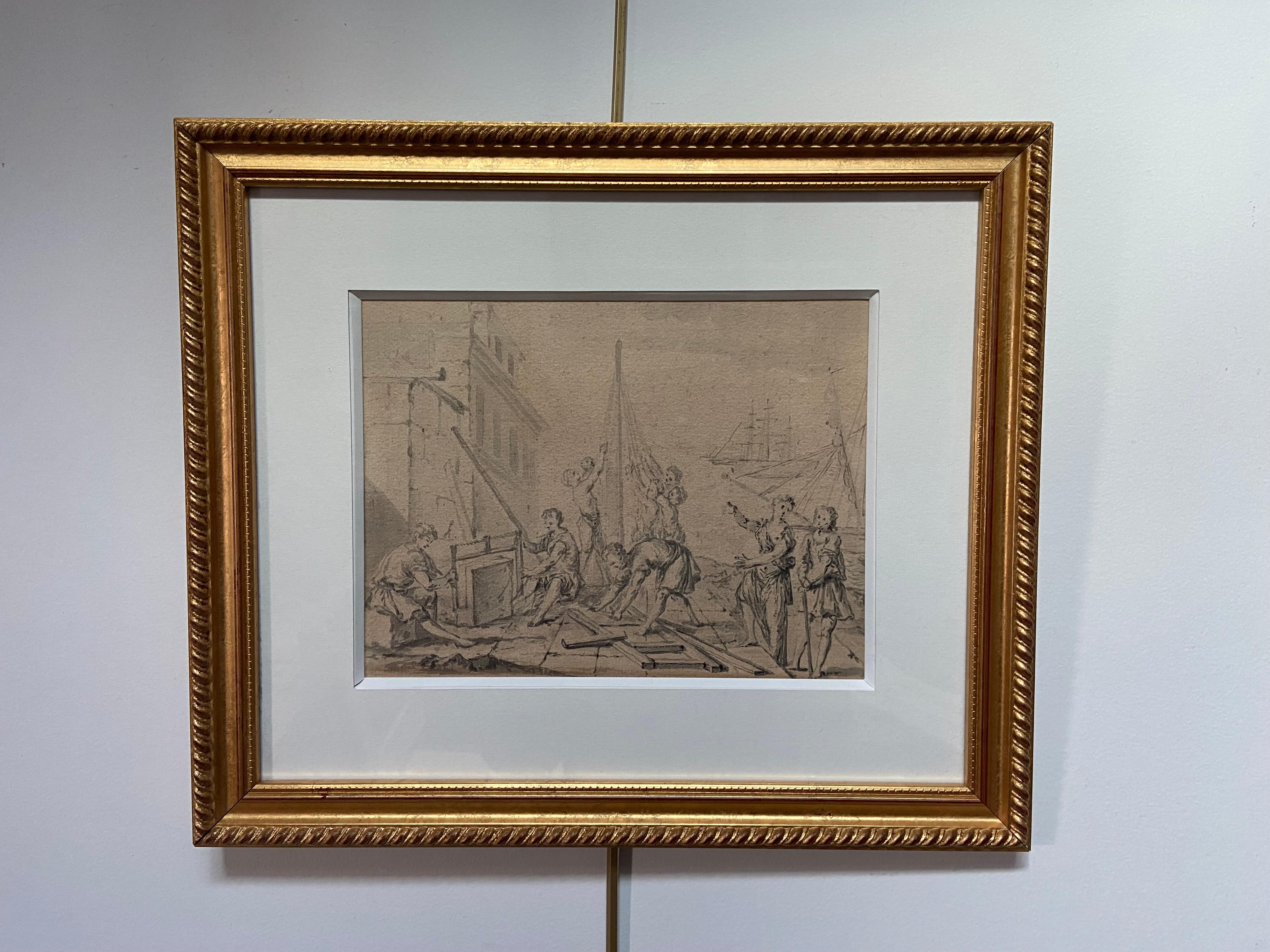 Französische Schule des 18. Jahrhunderts, Eine alte Schiffswerft, Zeichnung (Grau), Figurative Art, von Unknown