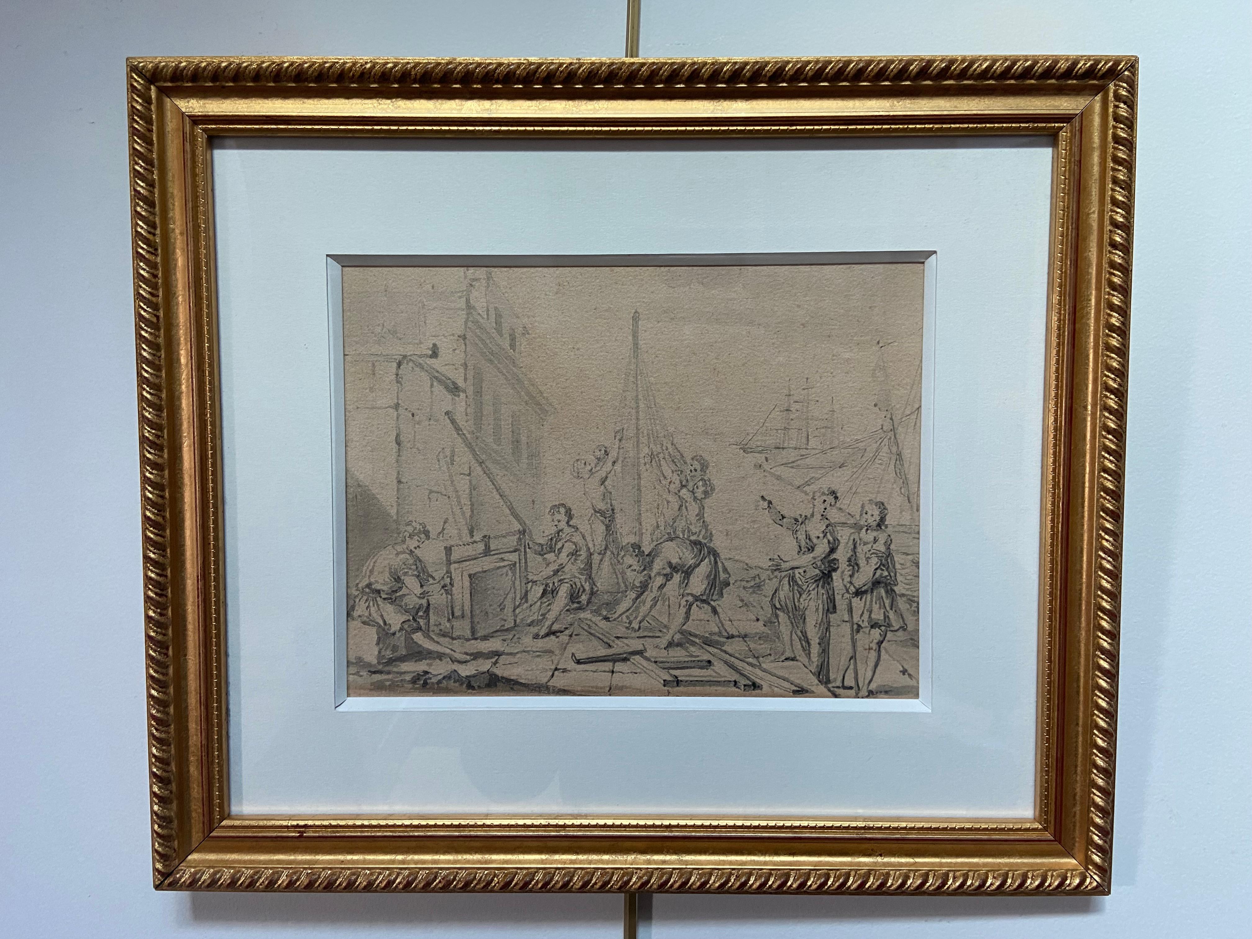 Unknown Figurative Art – Französische Schule des 18. Jahrhunderts, Eine alte Schiffswerft, Zeichnung