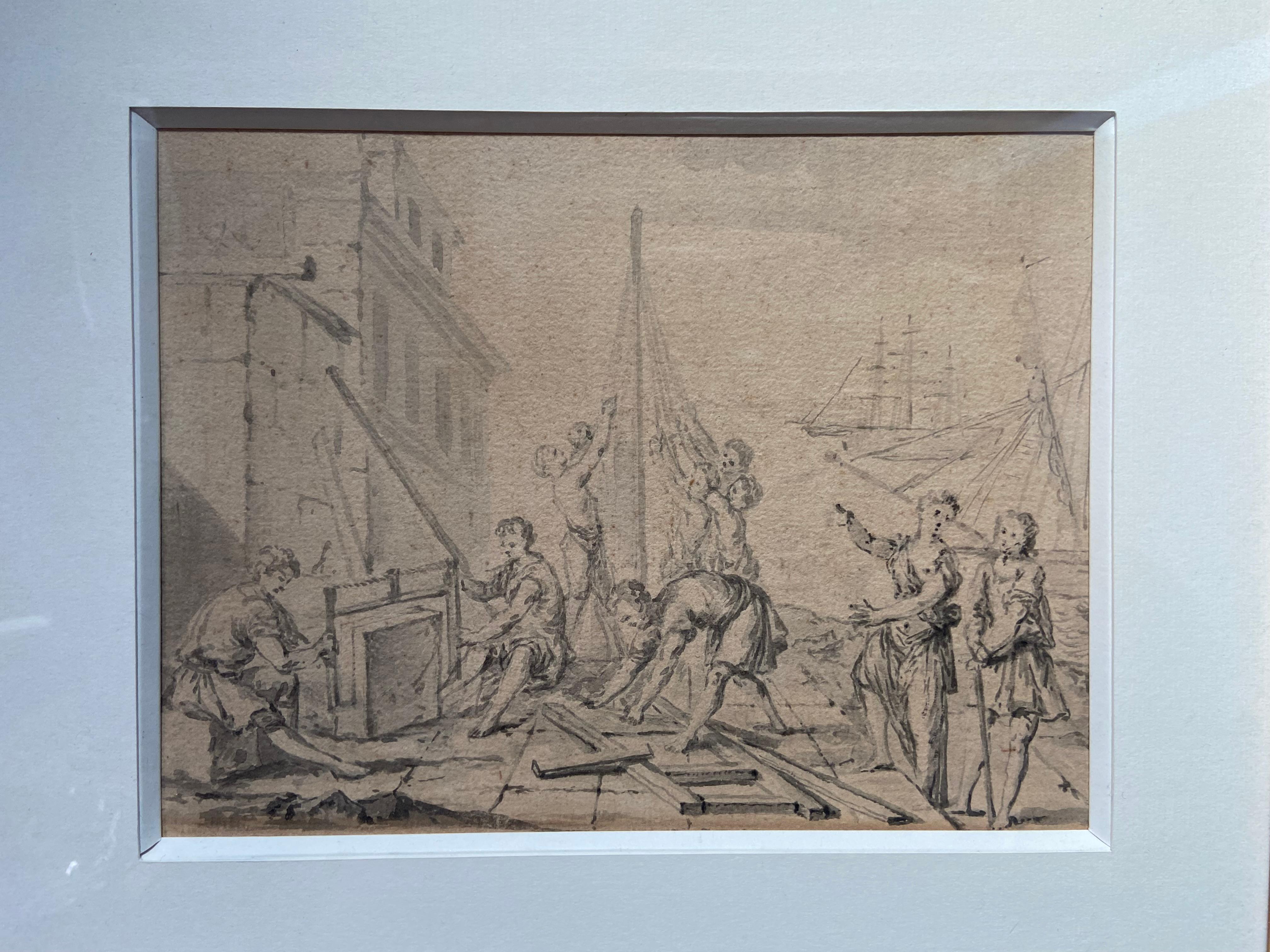 Französische Schule des 18. Jahrhunderts, Eine alte Schiffswerft, Zeichnung – Art von Unknown