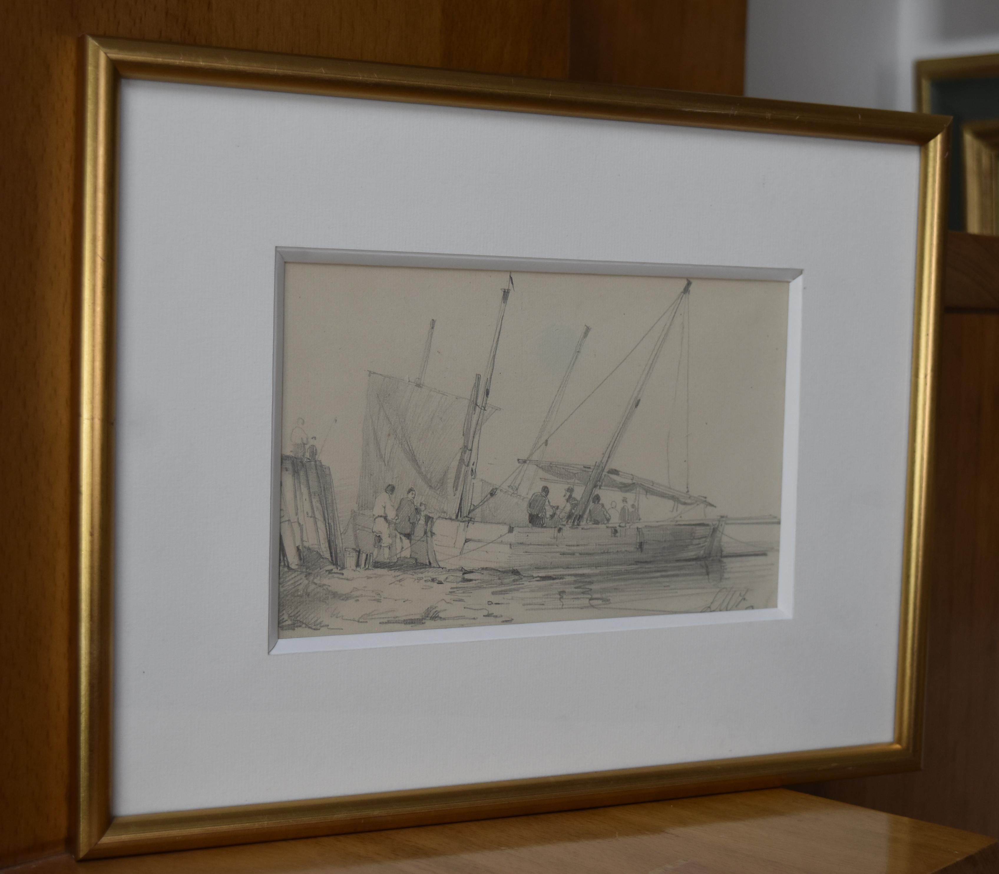 French school of the nineteenth century, LW (?)  Harbor scene, drawing signed - Art by Unknown