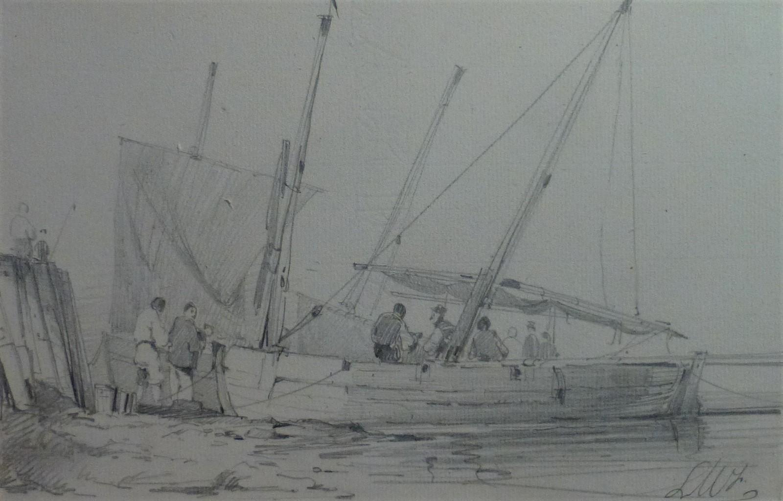 Unknown Figurative Art - French school of the nineteenth century, LW (?)  Harbor scene, drawing signed