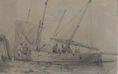 Escuela francesa del siglo XIX, LW (?)  Escena portuaria, dibujo firmado