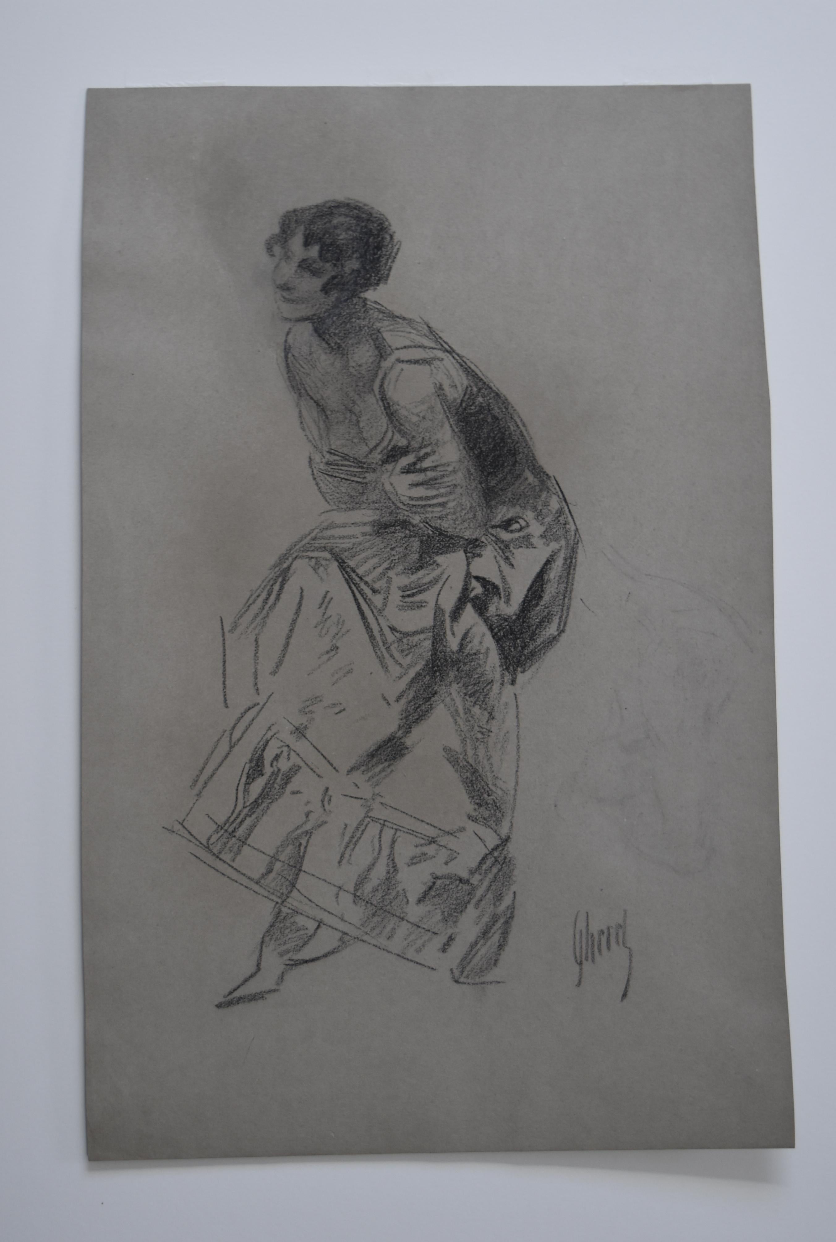 Jules Cheret (1836-1932) Dancer, charcoal drawing, signed - Gray Portrait by Jules Chéret