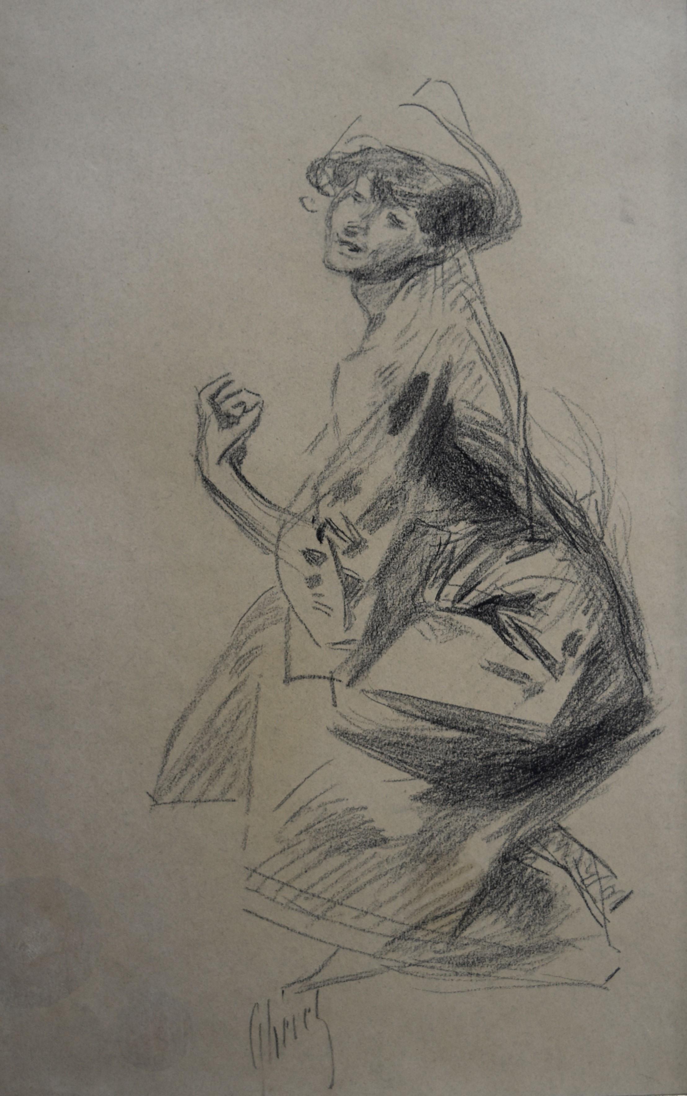 Jules Chéret Figurative Art - Jules Cheret (1836-1932) Dancer with a hat, charcoal drawing, signed