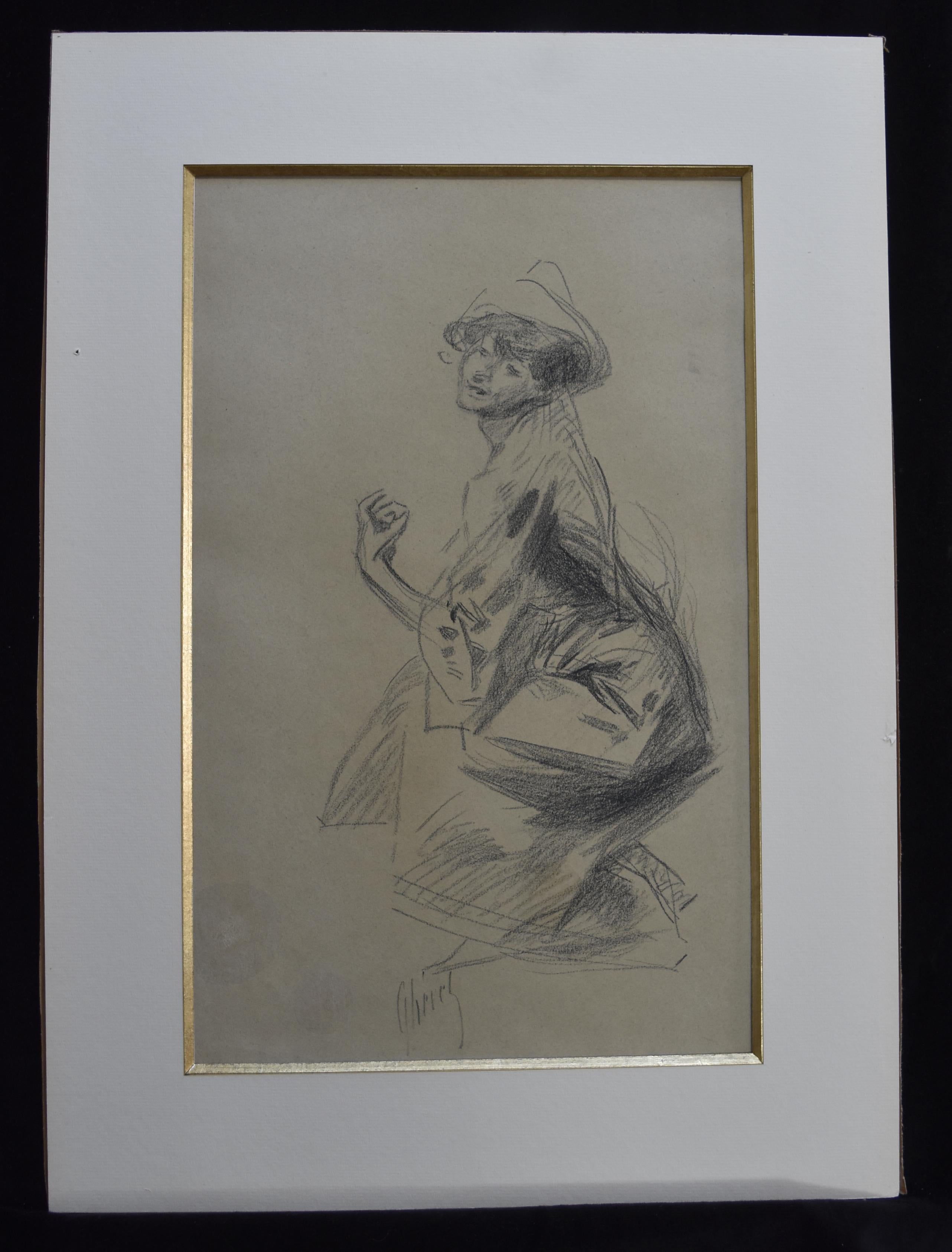 Jules Cheret (1836-1932) Dancer with a hat, charcoal drawing, signed - Art by Jules Chéret