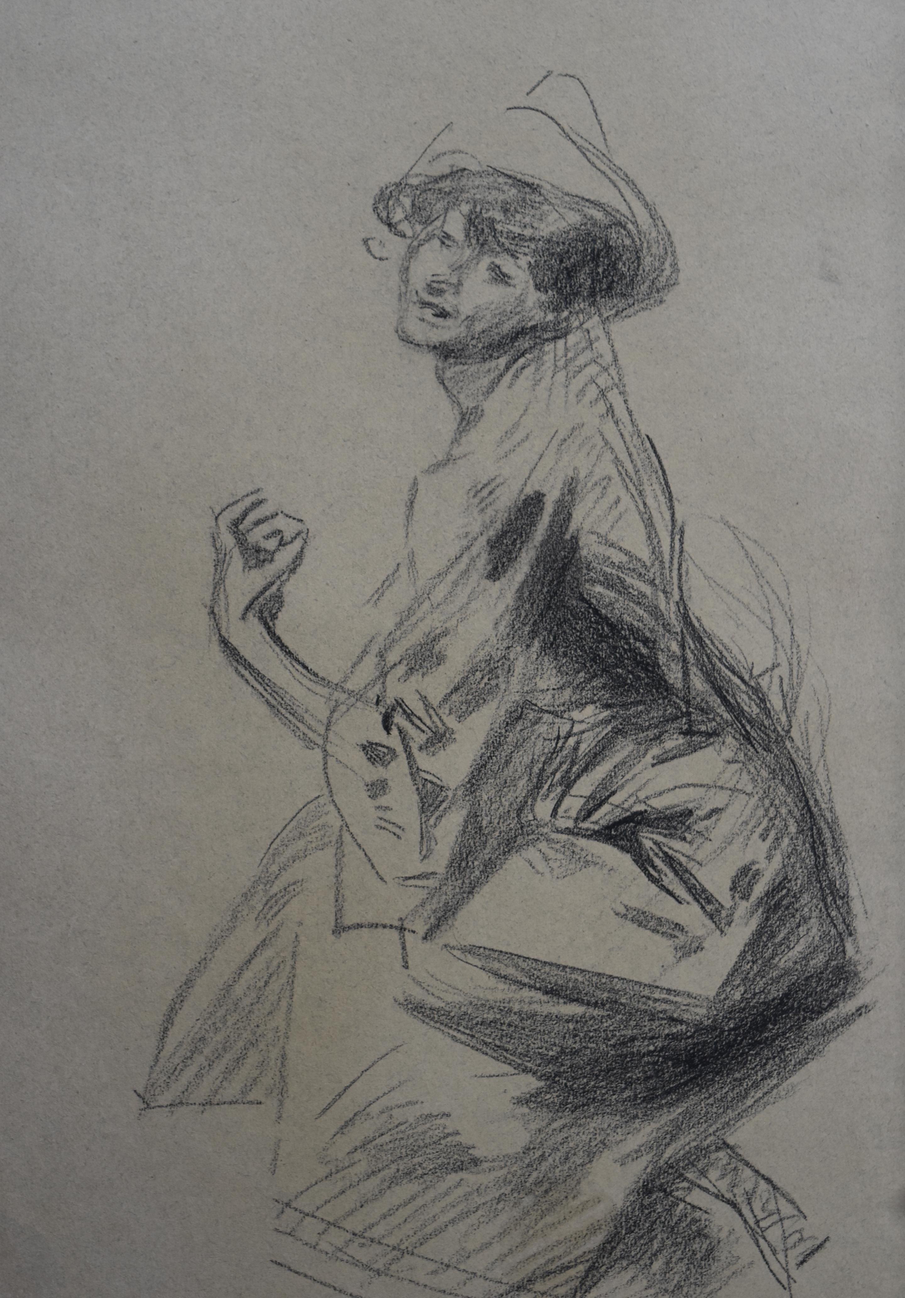 Jules Cheret (1836-1932) Dancer with a hat, charcoal drawing, signed - Gray Figurative Art by Jules Chéret