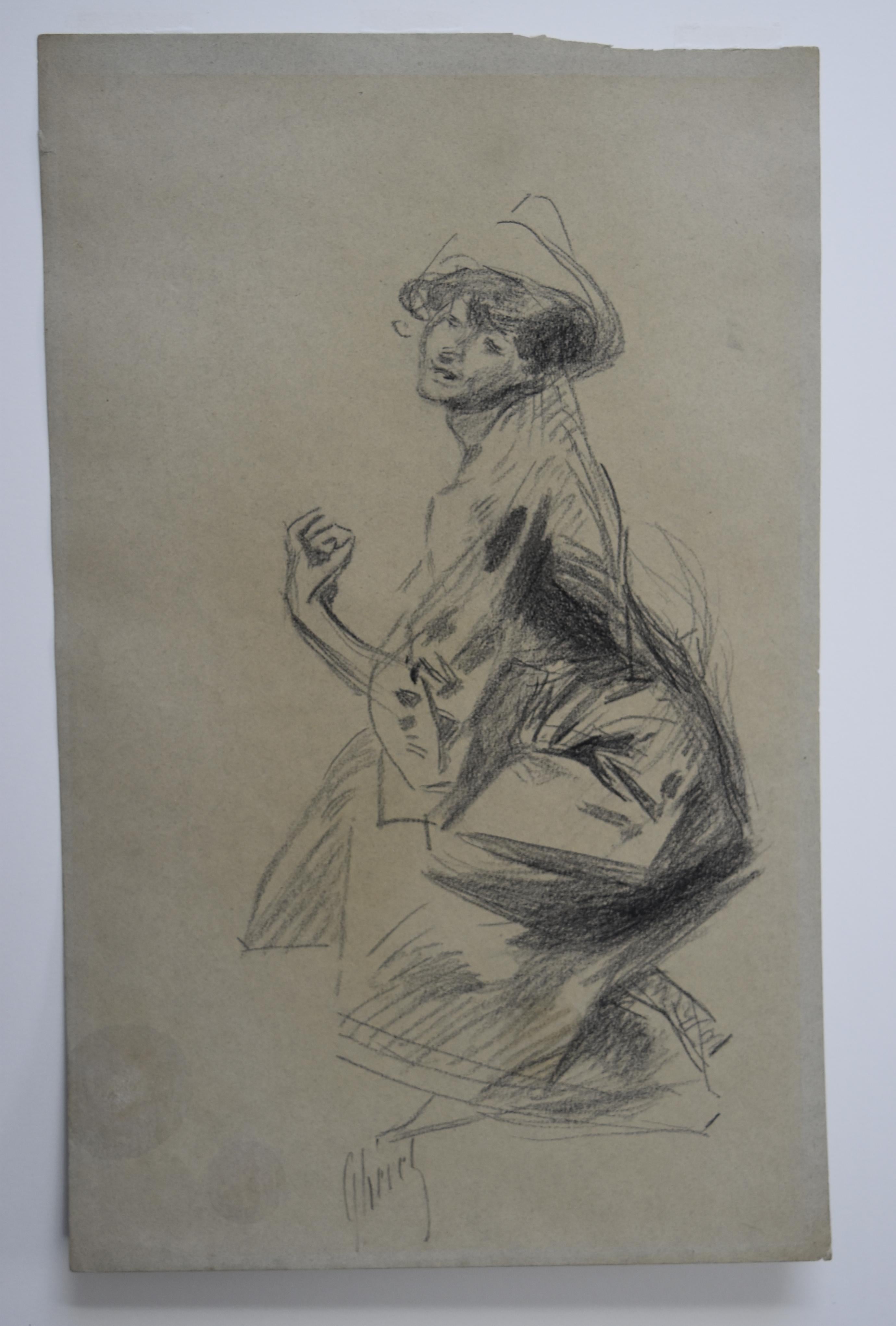 Jules Cheret (1836-1932) 
A female Dancer with a hat
charcoal on brown paper
signed on the bottom middle
38.5 x 24 .5 cm
In good condition, two round stains visible on the bottom left  mostly visible on the verso of the sheet (see photos) 
In a