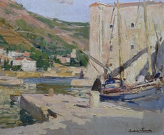 Paul Emile Lecomte (1877-1950)  Un porto nel sud della Francia, Olio su pannello