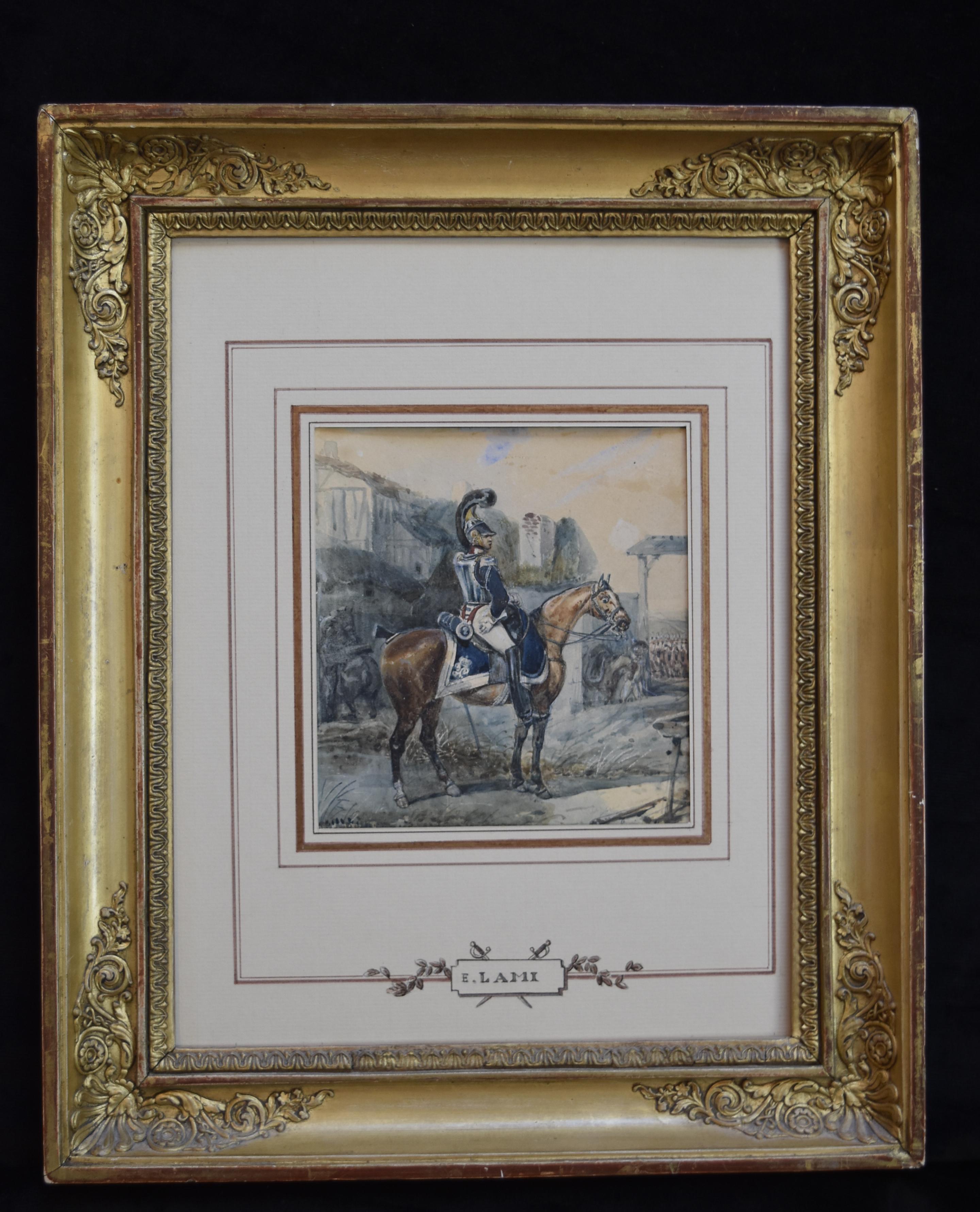 Attributed to Eugene Lami, a Hussar on his horse, watercolor - Art by Unknown