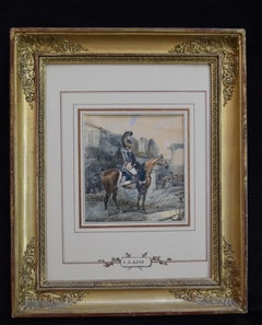Attributed to Eugene Lami, a Hussar on his horse, watercolor