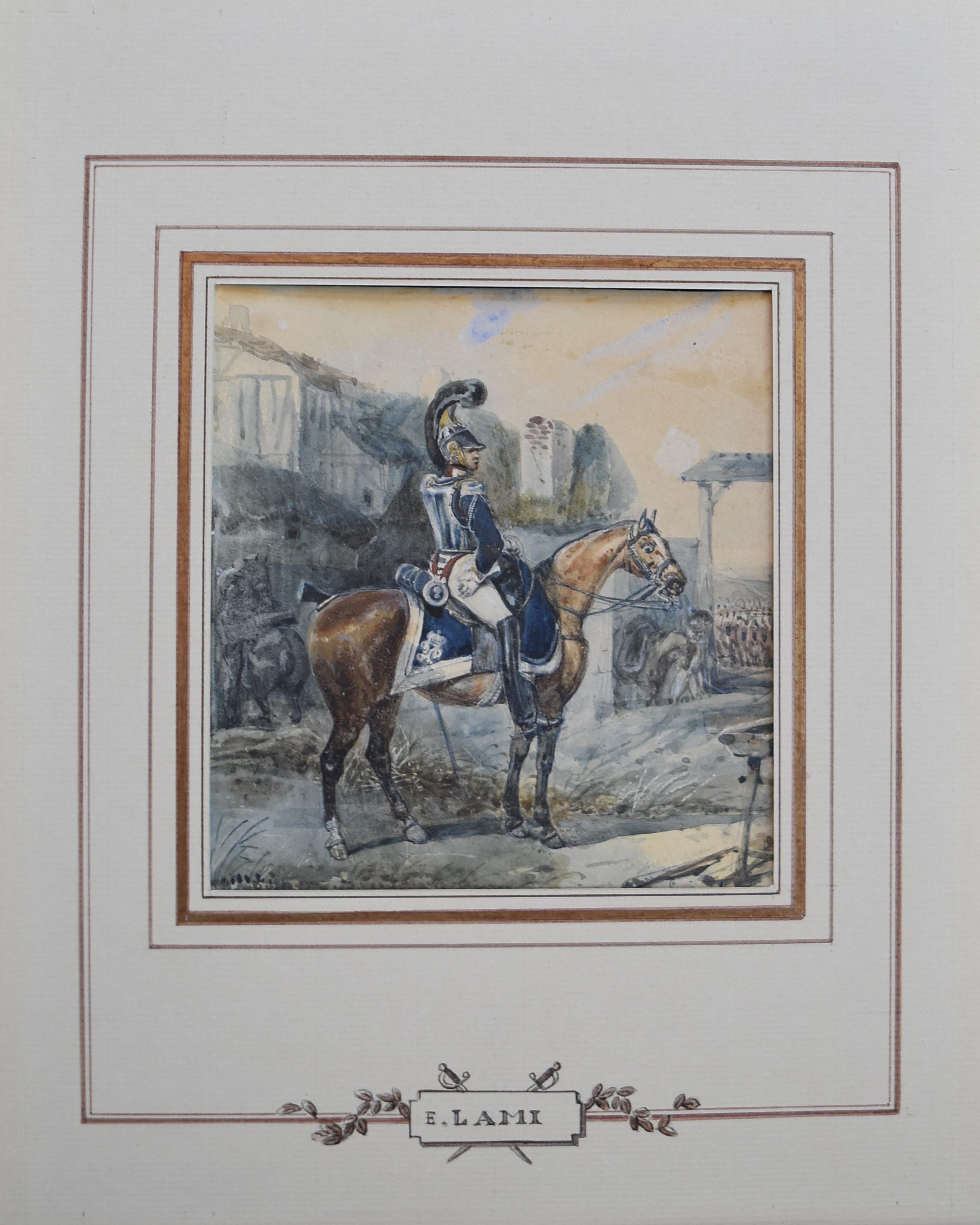 Attributed to Eugene Lami, a Hussar on his horse, watercolor - Old Masters Art by Unknown