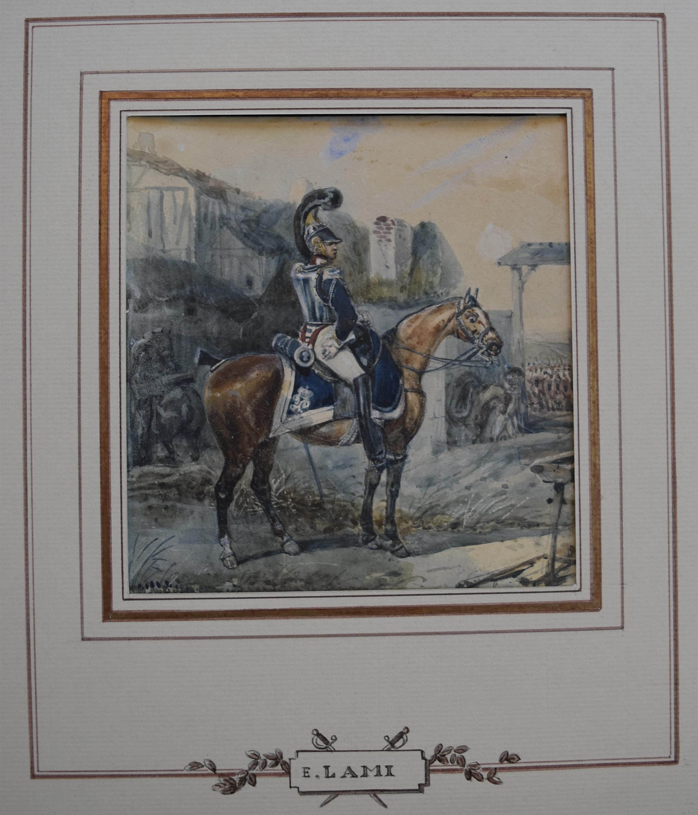 Attributed to Eugene Lami, a Hussar on his horse, watercolor 1