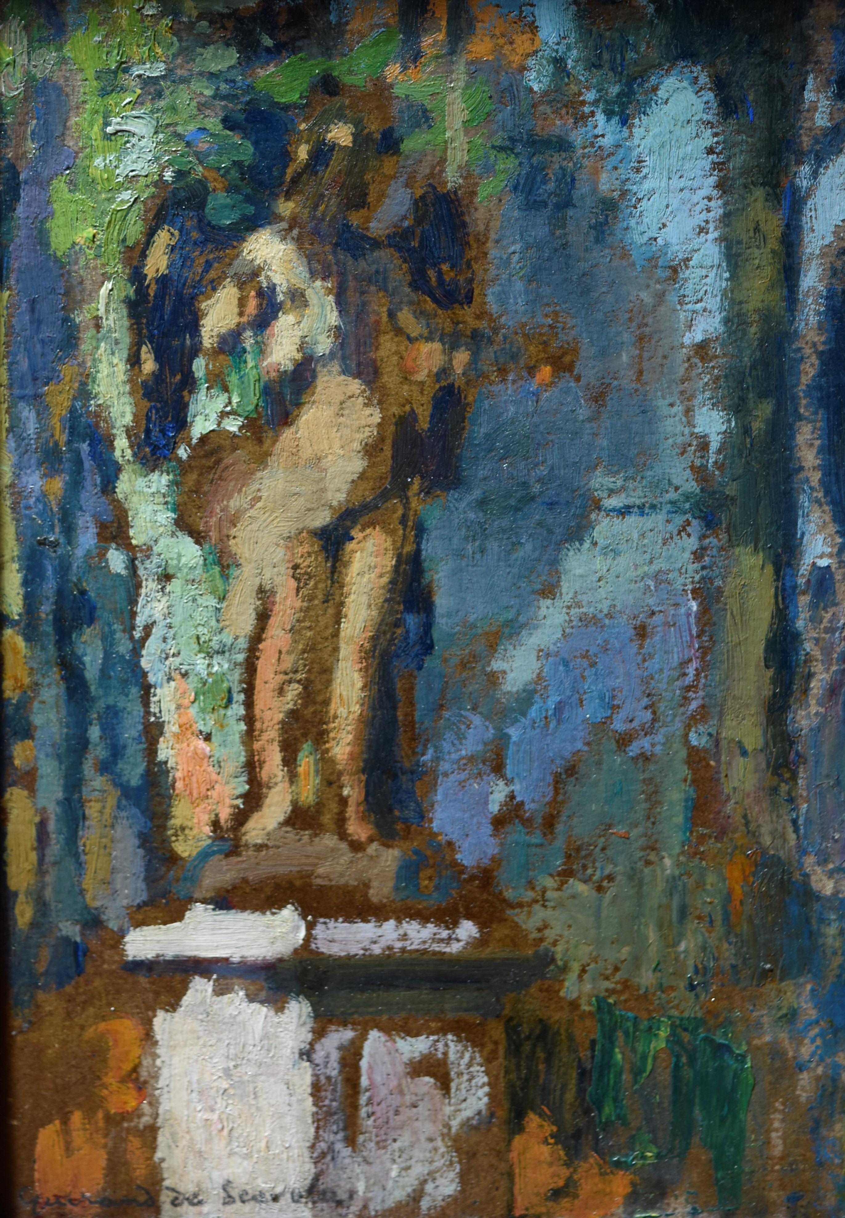 L.V. Guirand de Scevola (1871-1950), A sculpture in the Park of Versailles - Gray Landscape Painting by Lucien-Victor Guirand de Scévola